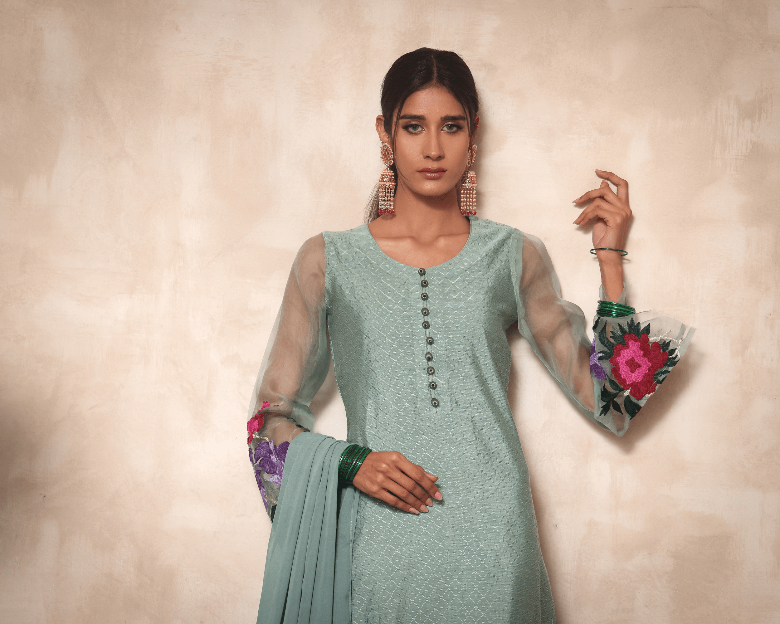 Pakistani Mint Green Embroidered Jacquard Cotton Salwar Kameez (3-Piece) - Image 4