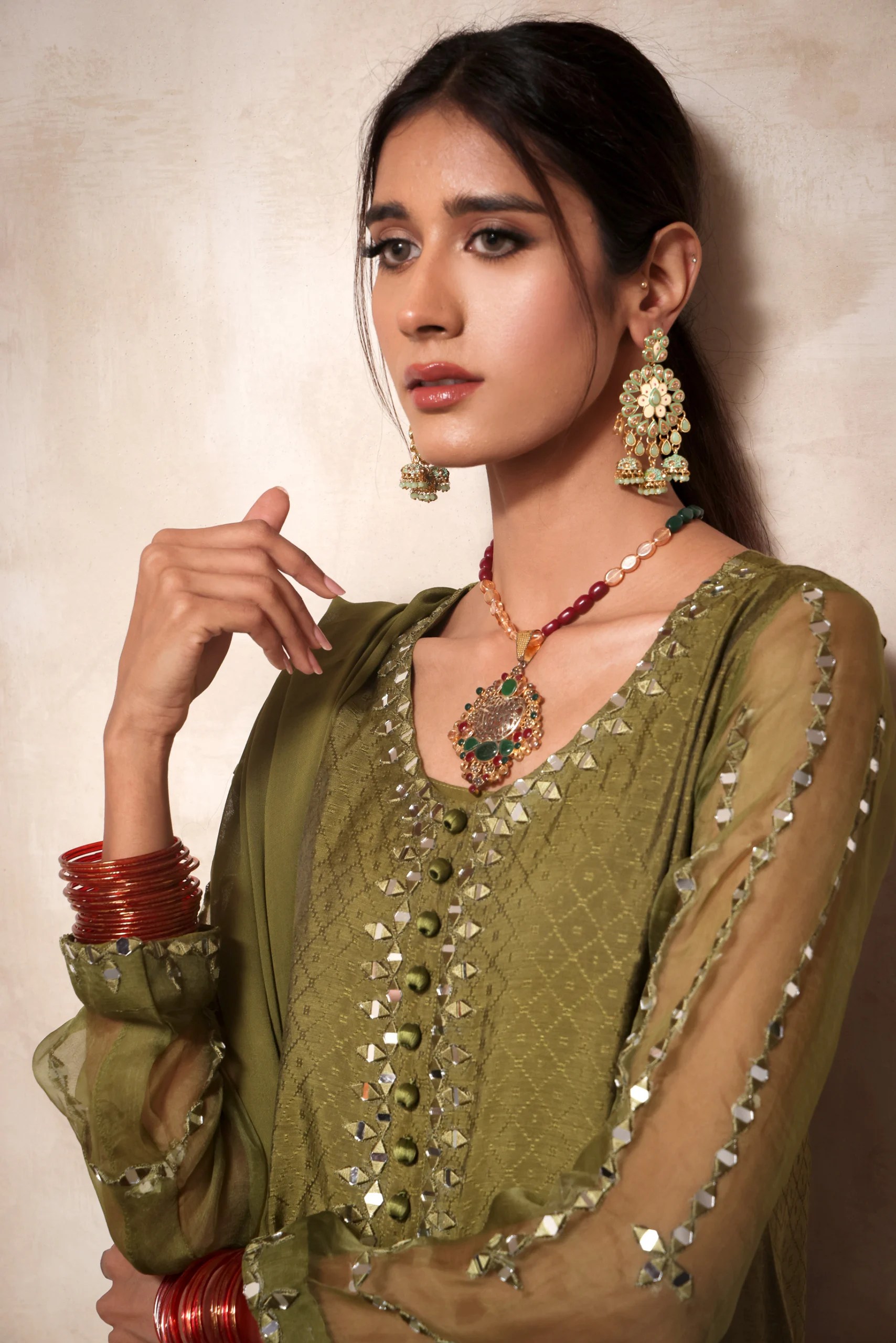 Pakistani Army Green Mirror Work Jacquard Cotton Salwar Kameez (3-Piece) - Image 1