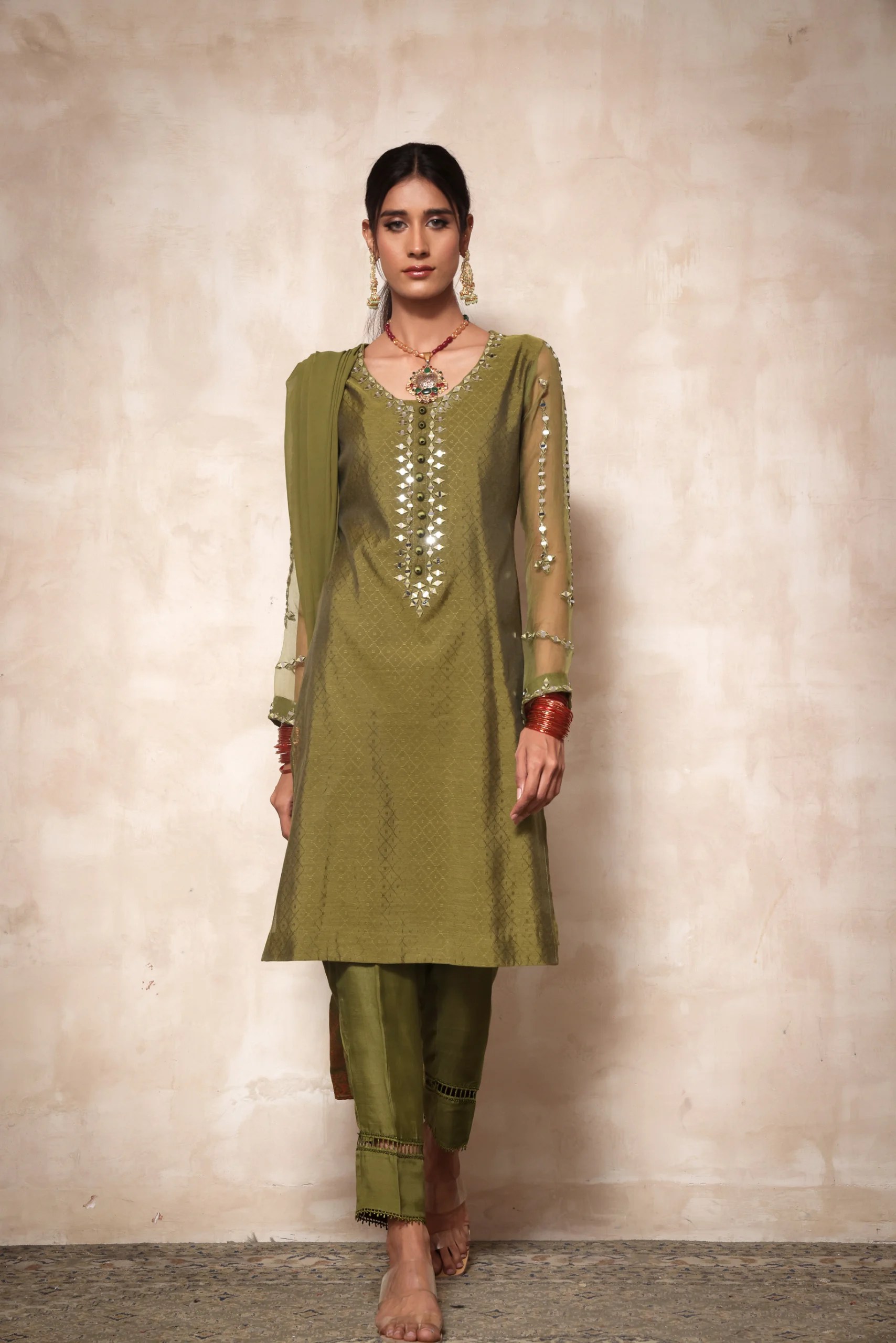 Pakistani Army Green Mirror Work Jacquard Cotton Salwar Kameez (3-Piece) - Image 2