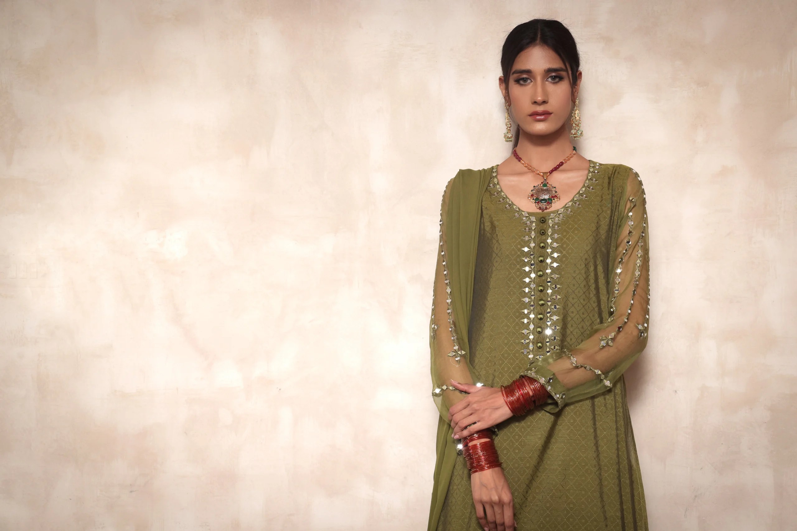 Pakistani Army Green Mirror Work Jacquard Cotton Salwar Kameez (3-Piece) - Image 3