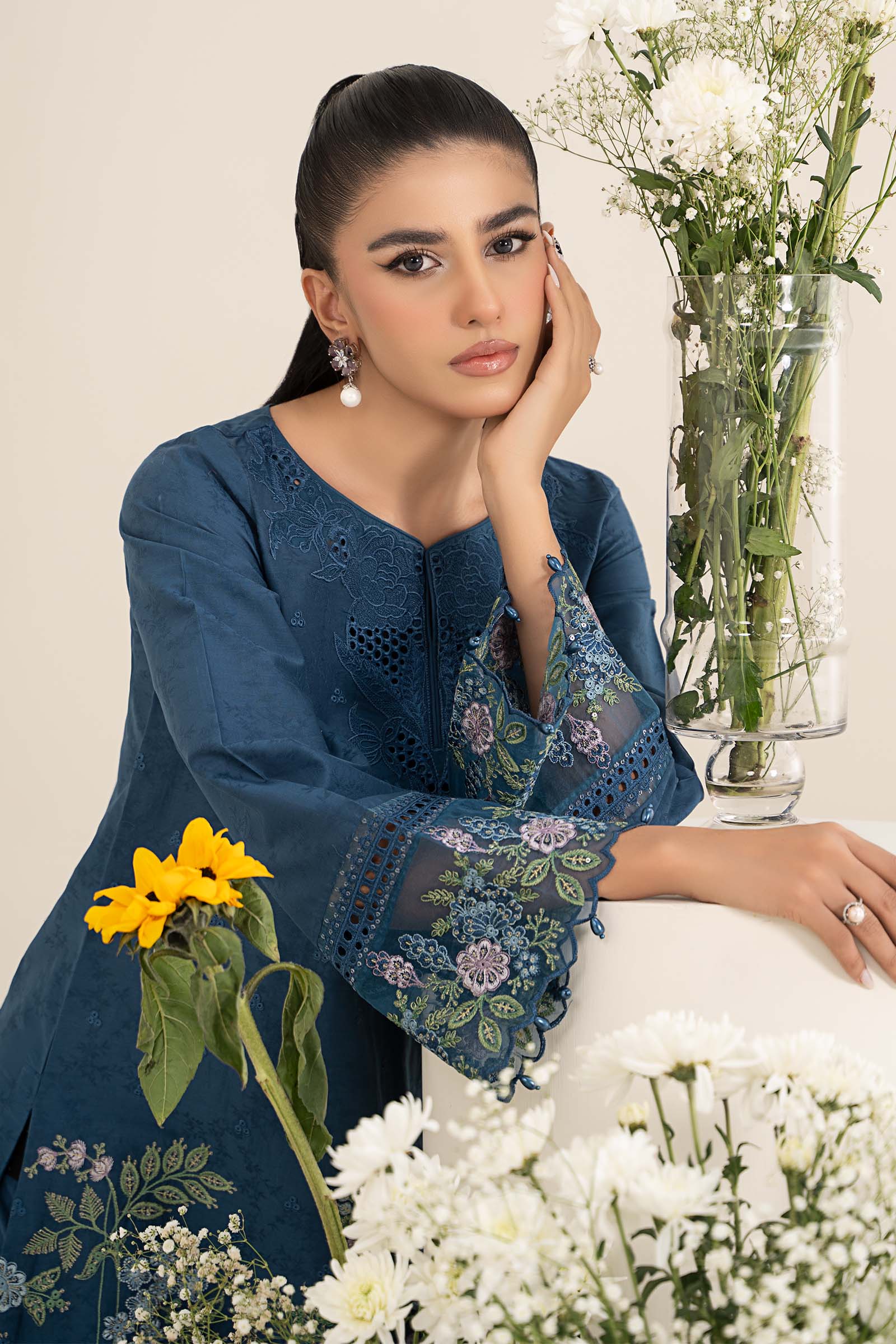 Teal Embroidered Self Jacquard Lawn Salwar Kameez (3-Piece) - Image 2