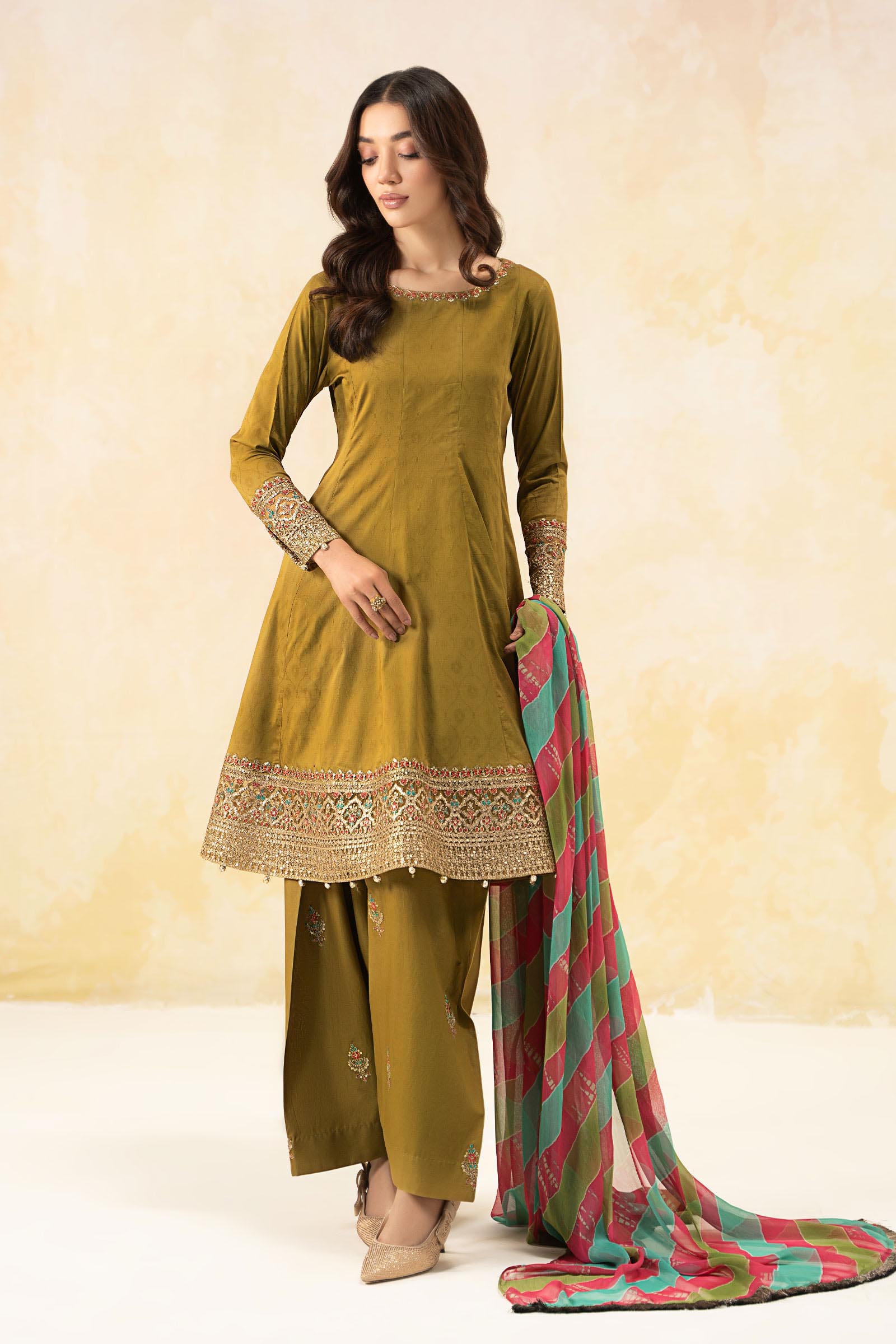 Pakistani Green Embroidered Self Jacquard Lawn Frock Suit (3-Piece) - Image 1