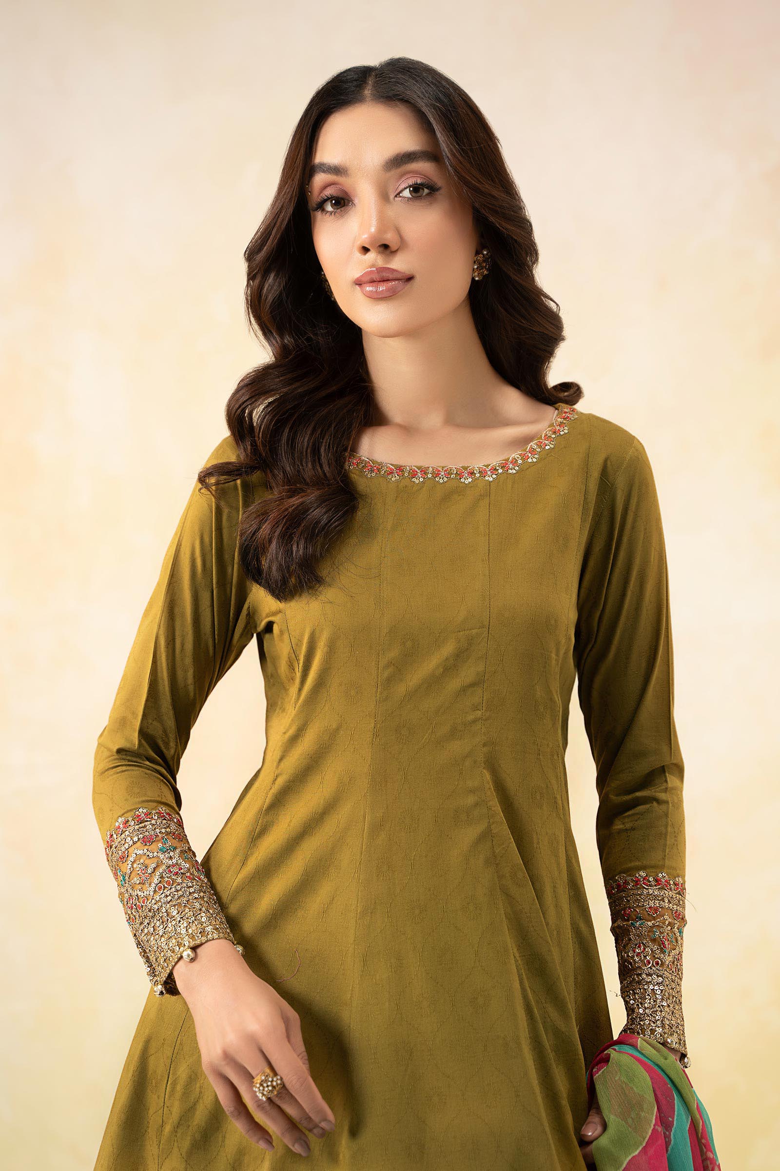 Pakistani Green Embroidered Self Jacquard Lawn Frock Suit (3-Piece) - Image 2