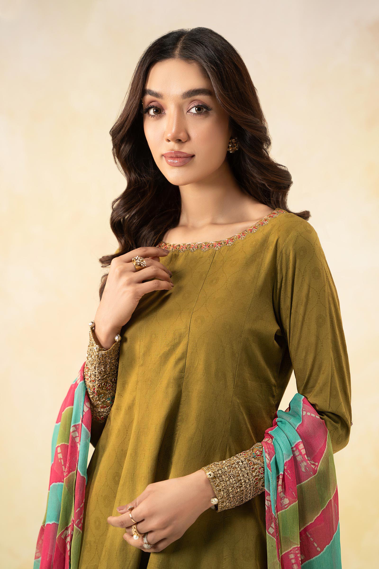 Pakistani Green Embroidered Self Jacquard Lawn Frock Suit (3-Piece) - Image 3