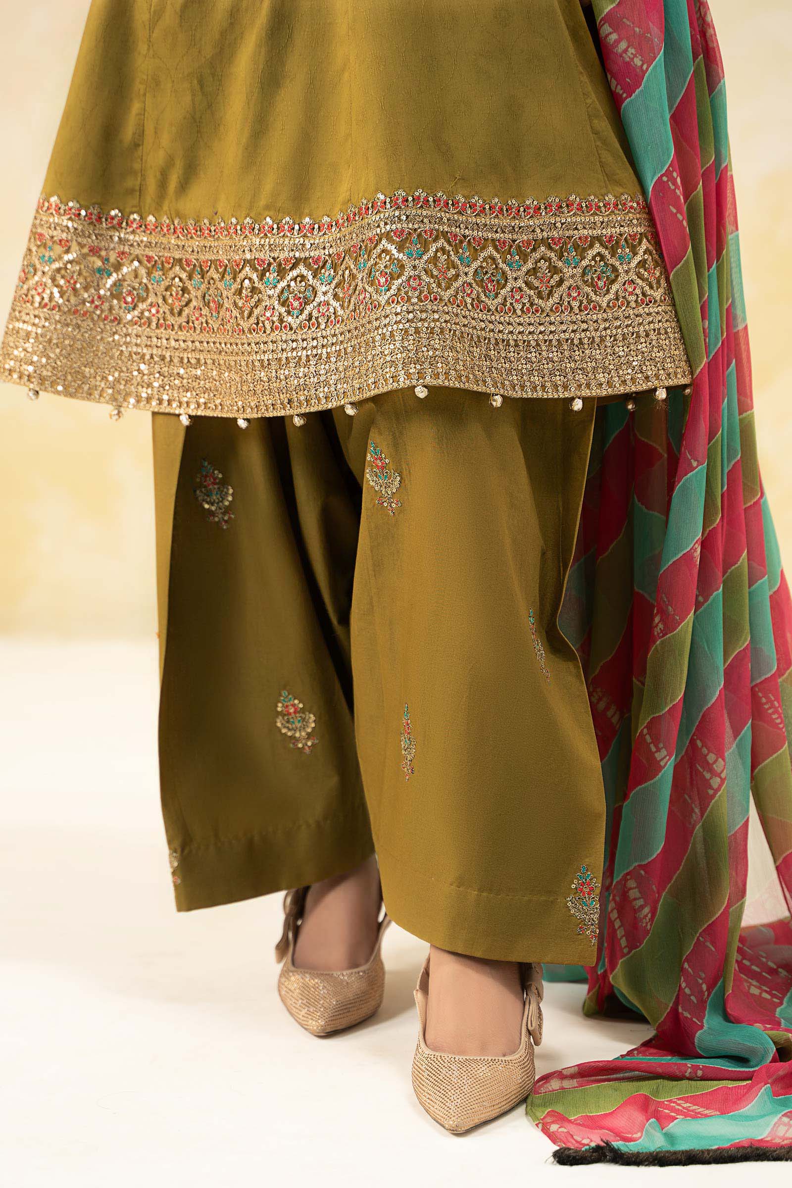 Pakistani Green Embroidered Self Jacquard Lawn Frock Suit (3-Piece) - Image 4