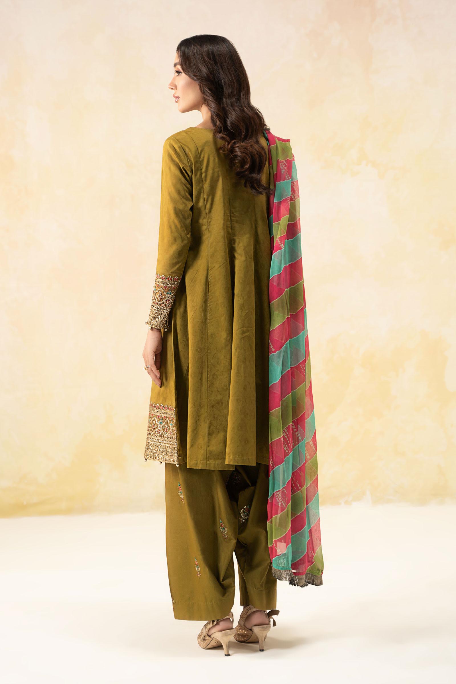 Pakistani Green Embroidered Self Jacquard Lawn Frock Suit (3-Piece) - Image 5