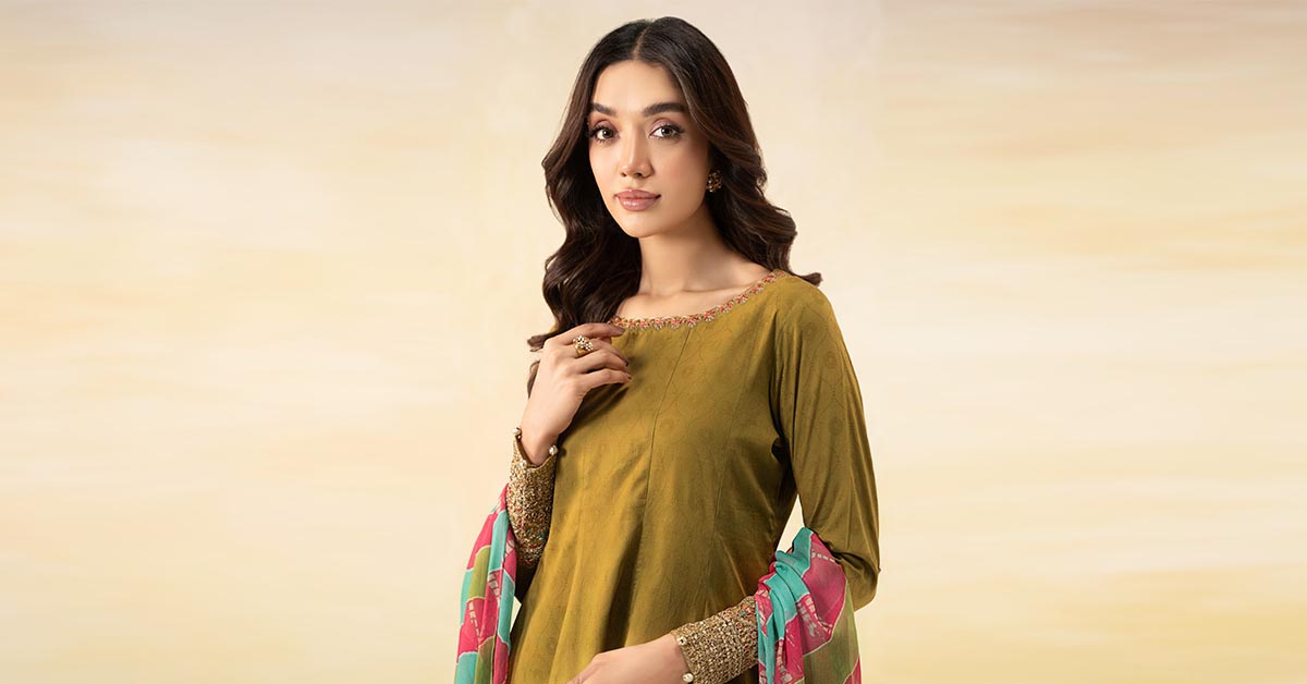 Pakistani Green Embroidered Self Jacquard Lawn Frock Suit (3-Piece) - Image 6