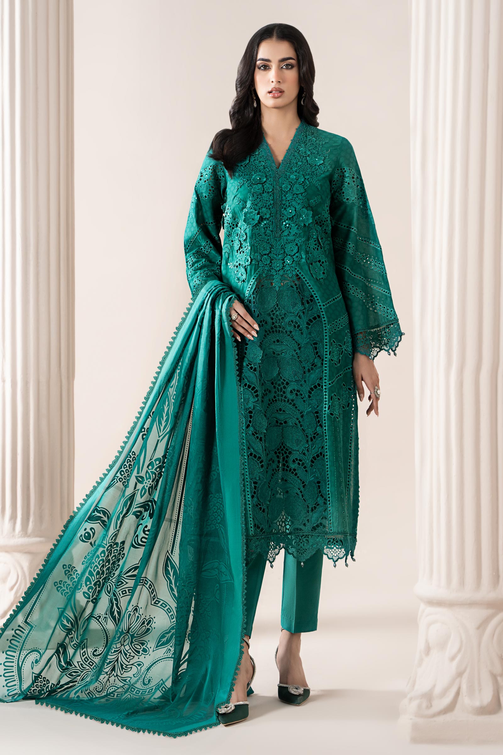 Sea Green Embroidered Jacquard Lawn Suit (3-Piece) - Image 1