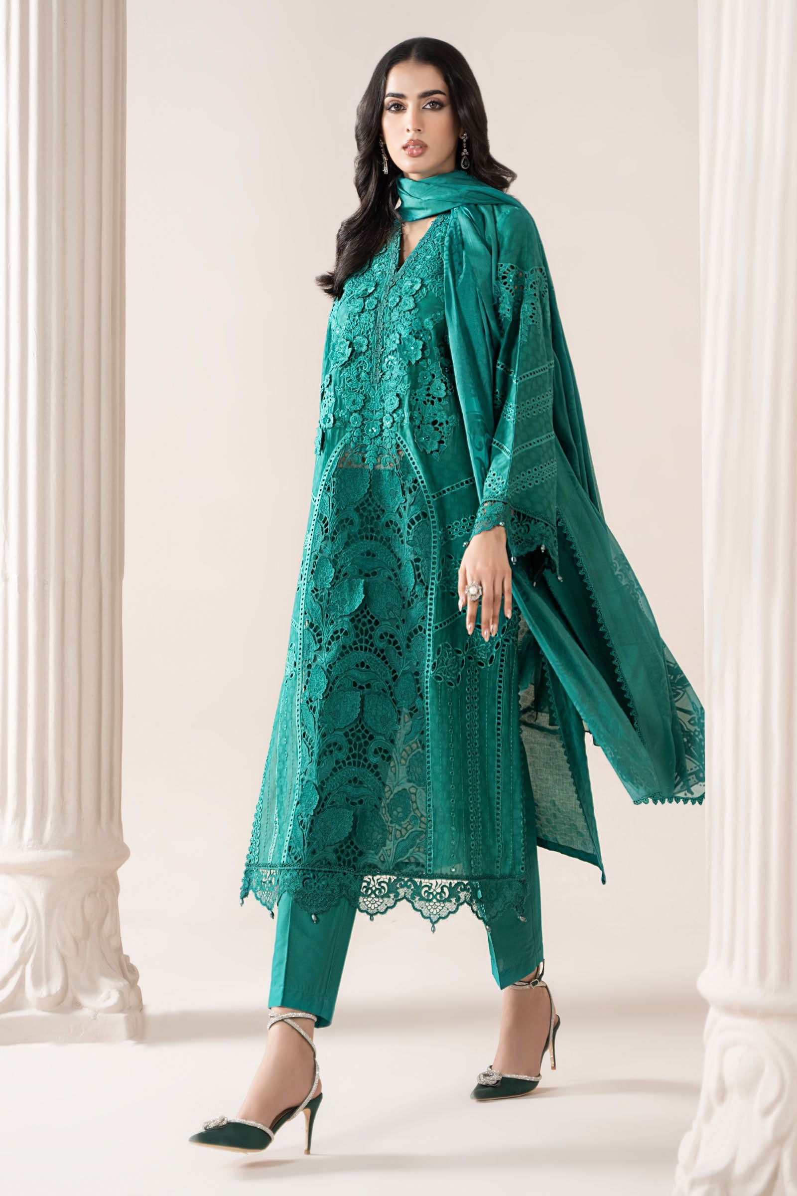 Sea Green Embroidered Jacquard Lawn Suit (3-Piece) - Image 7