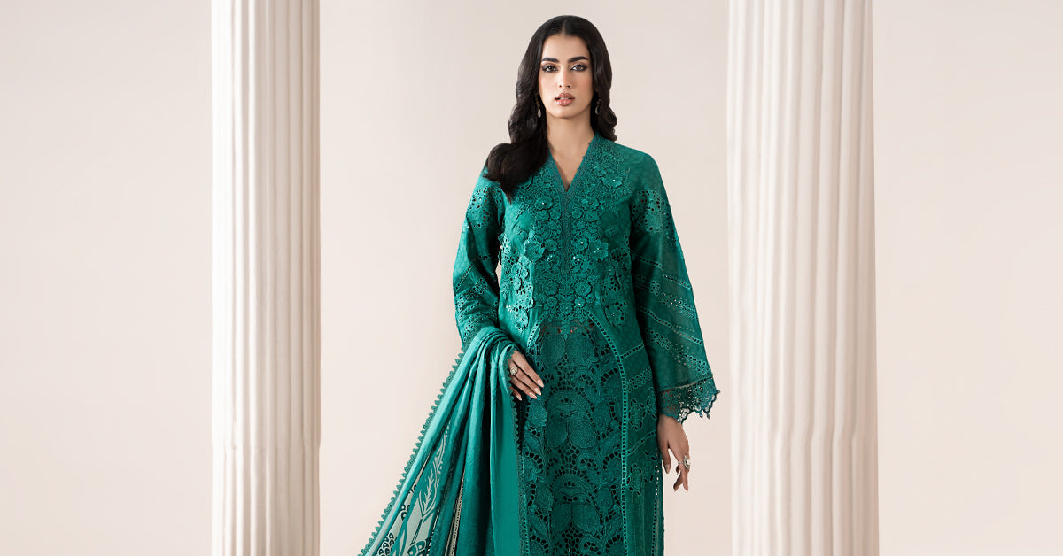 Sea Green Embroidered Jacquard Lawn Suit (3-Piece) - Image 9