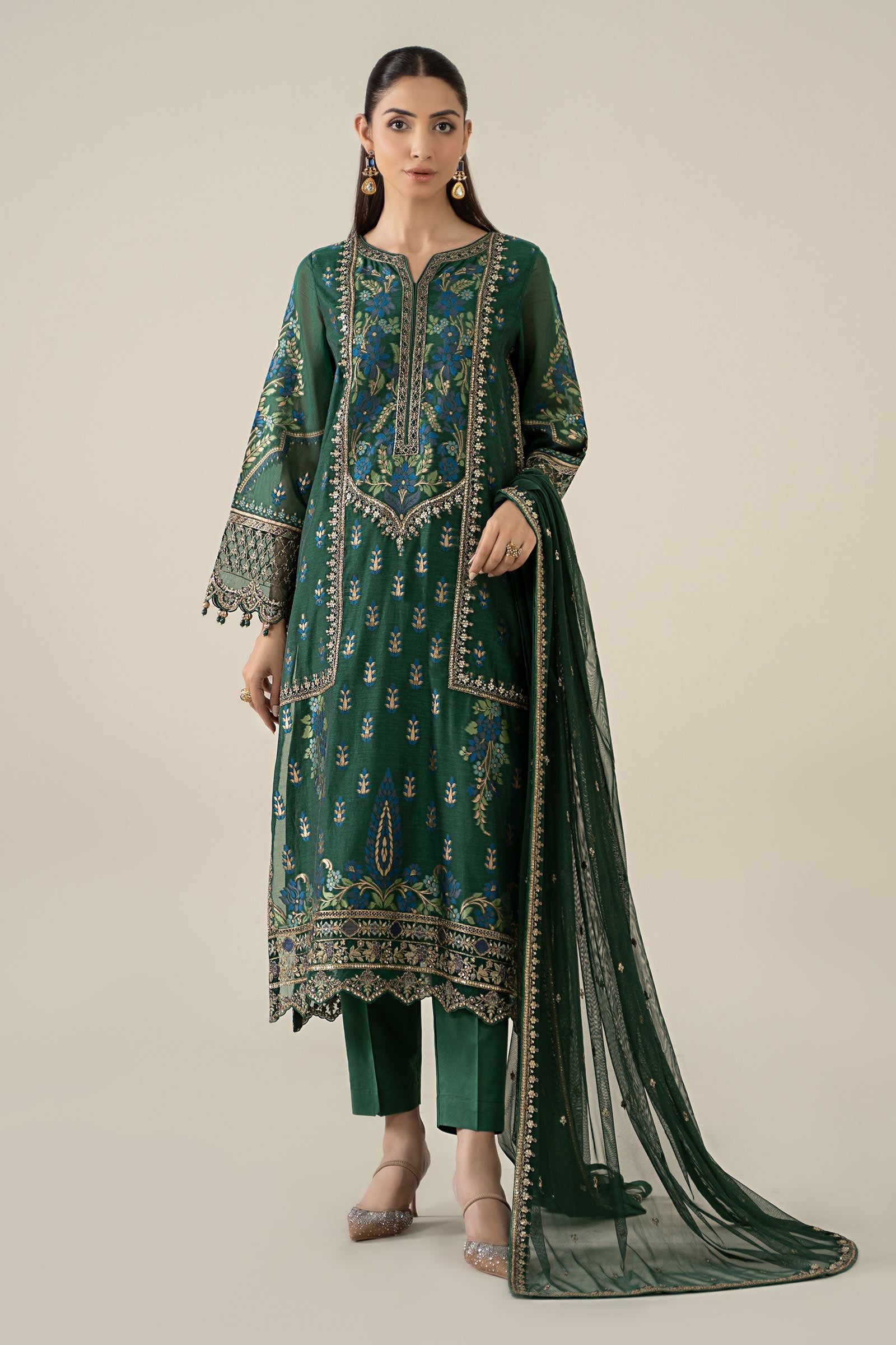 Deep Green Embroidered Jacquard Salwar Kameez (3-Piece) - Image 1