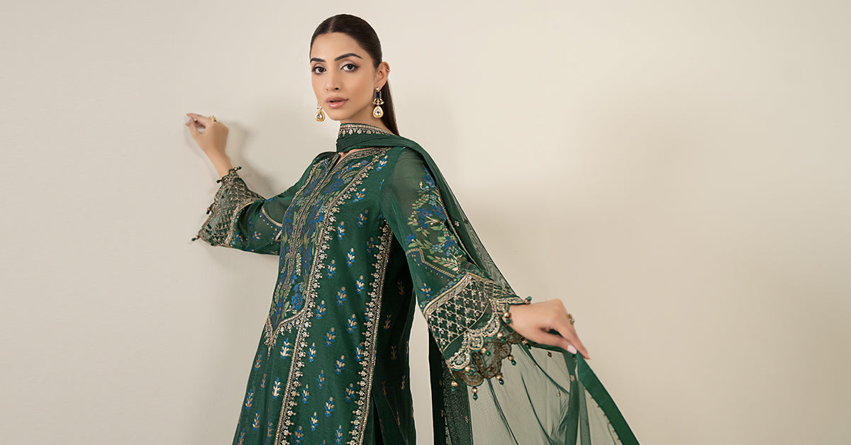Deep Green Embroidered Jacquard Salwar Kameez (3-Piece) - Image 10