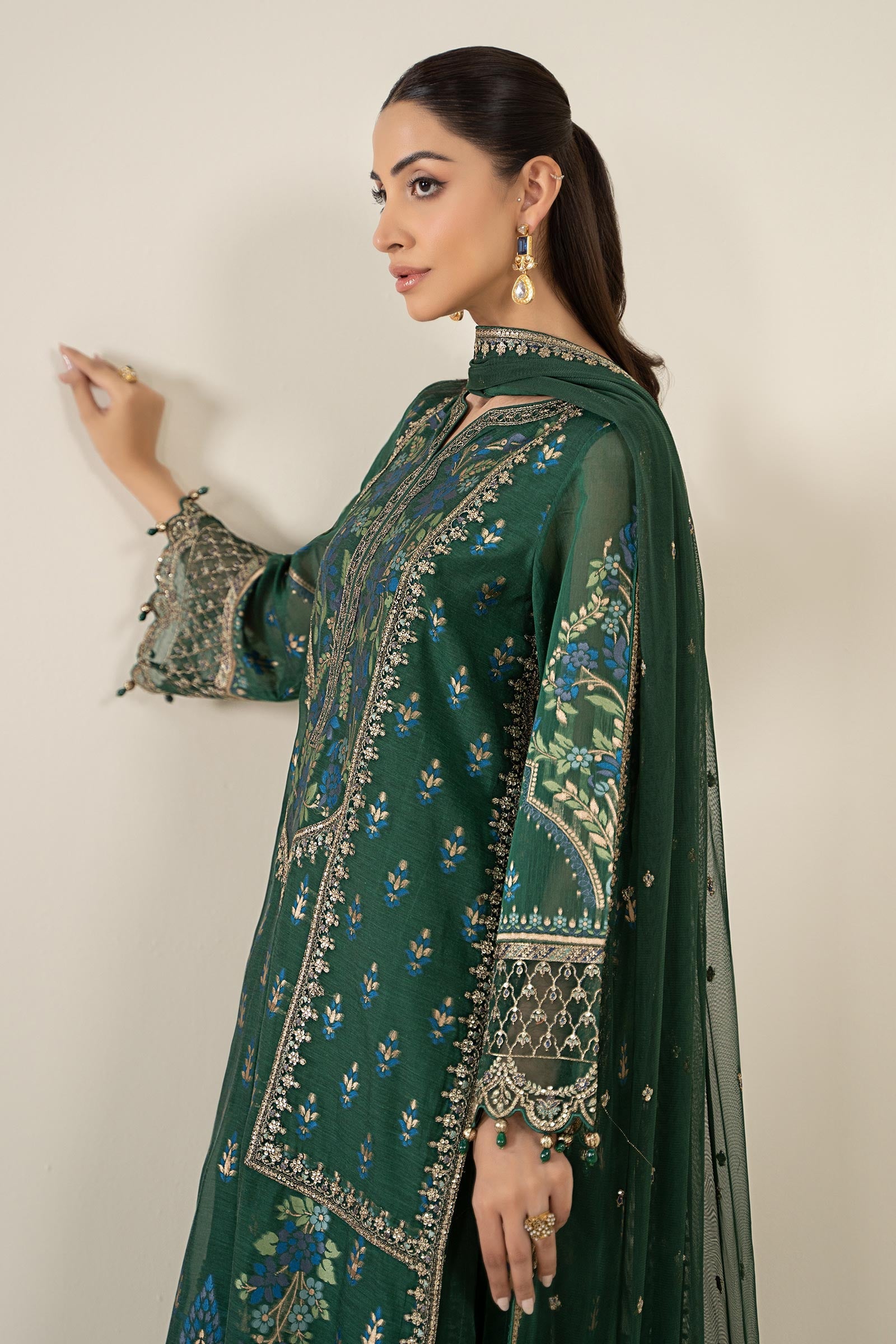 Deep Green Embroidered Jacquard Salwar Kameez (3-Piece) - Image 2