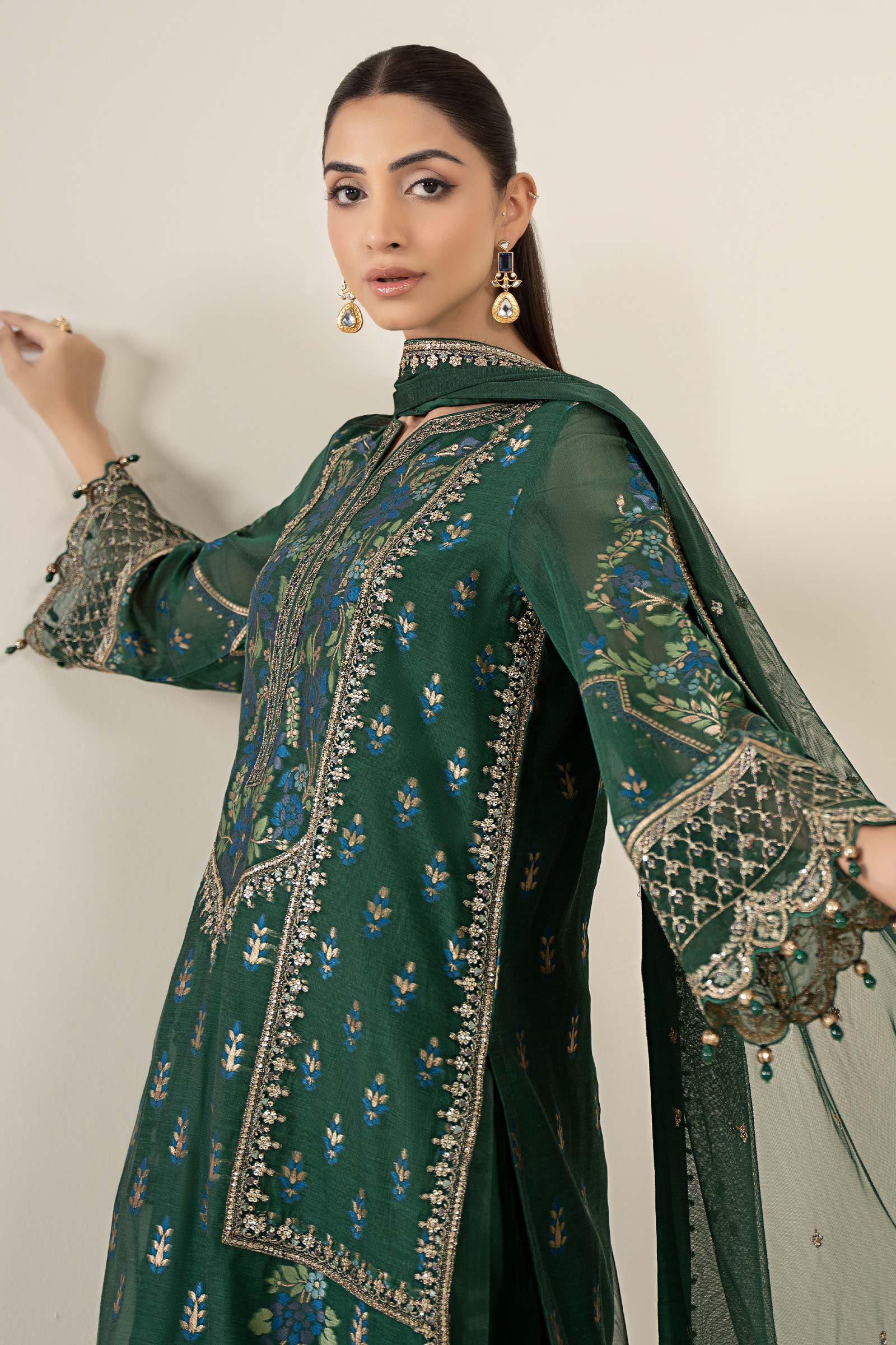 Deep Green Embroidered Jacquard Salwar Kameez (3-Piece) - Image 3