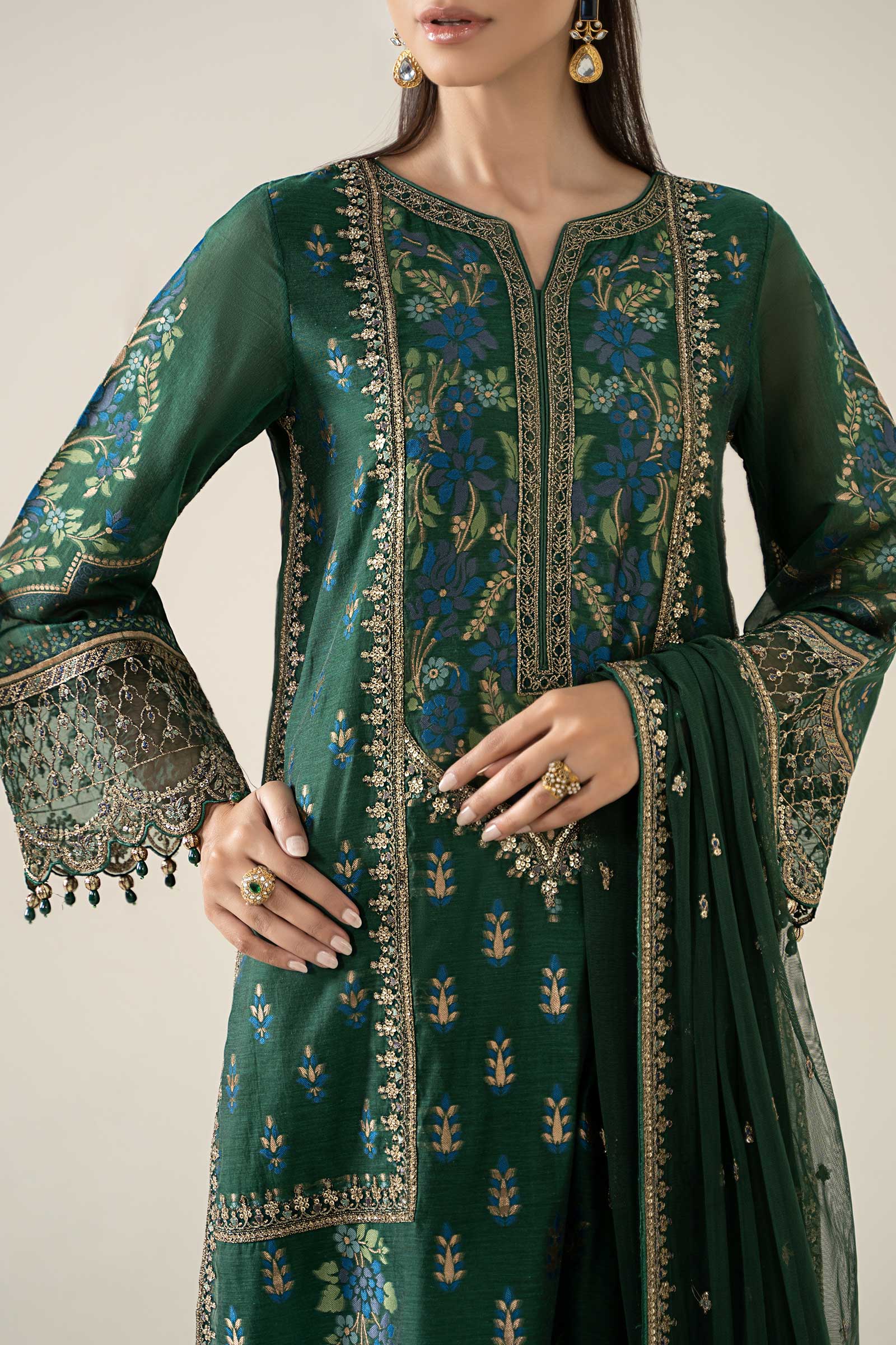 Deep Green Embroidered Jacquard Salwar Kameez (3-Piece) - Image 4