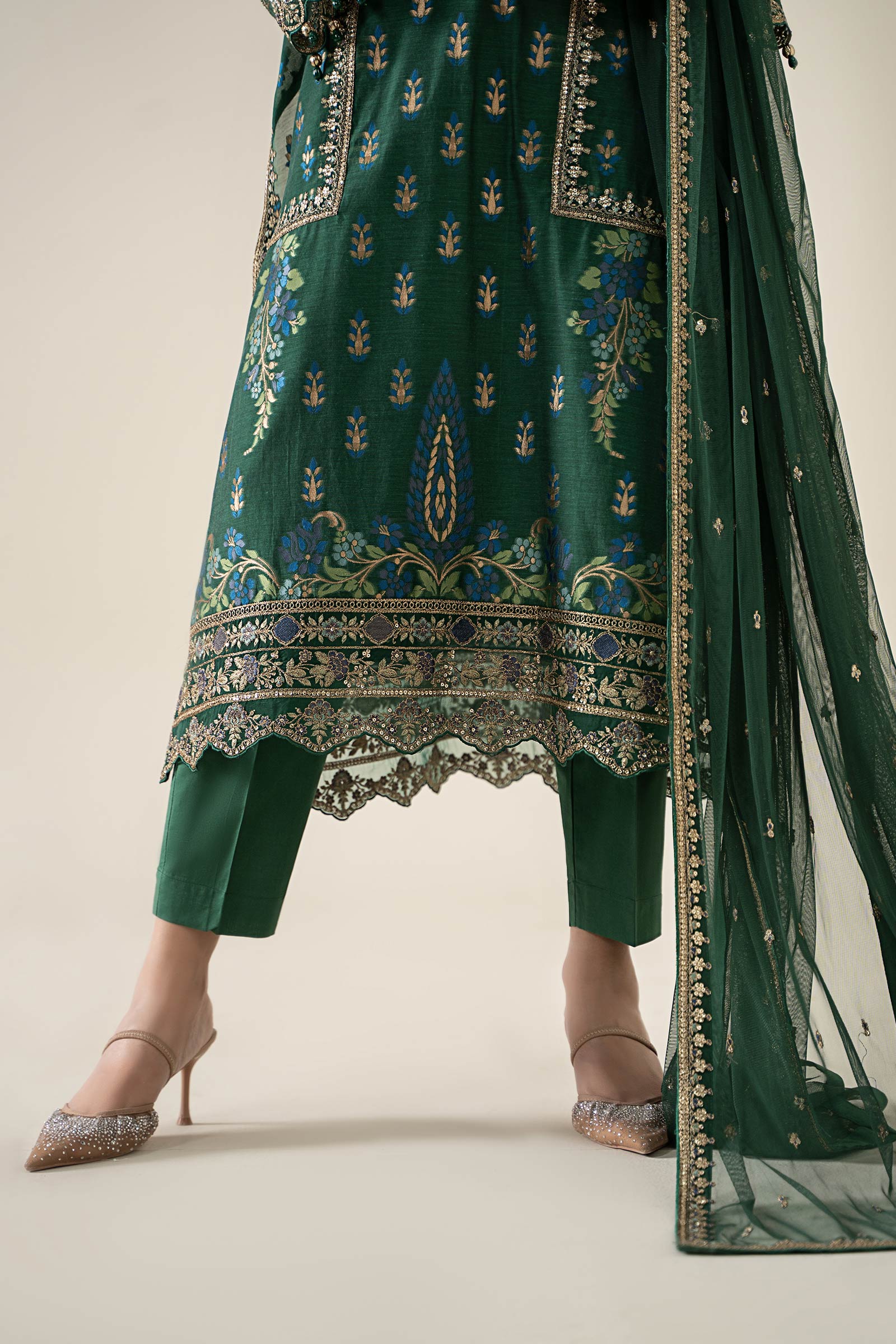 Deep Green Embroidered Jacquard Salwar Kameez (3-Piece) - Image 6