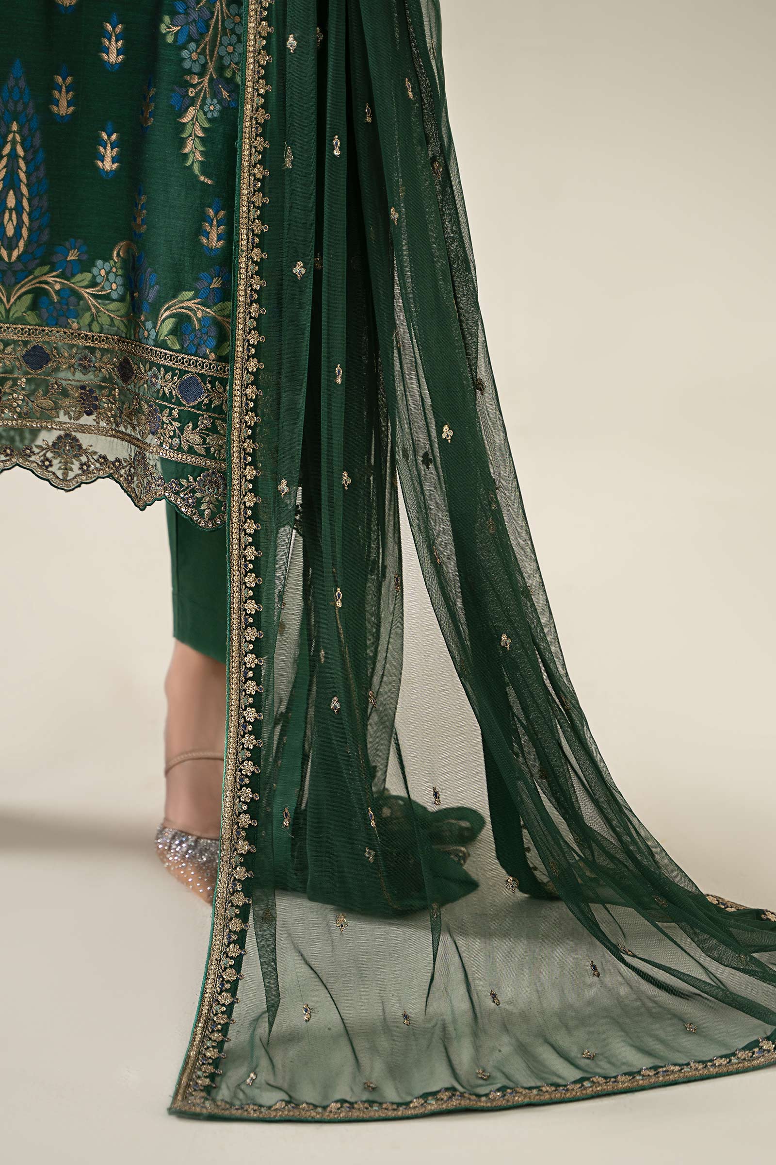 Deep Green Embroidered Jacquard Salwar Kameez (3-Piece) - Image 7