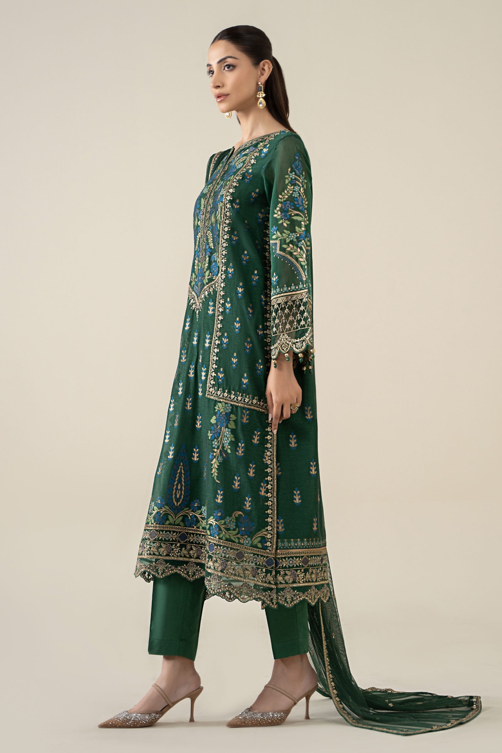 Deep Green Embroidered Jacquard Salwar Kameez (3-Piece) - Image 8