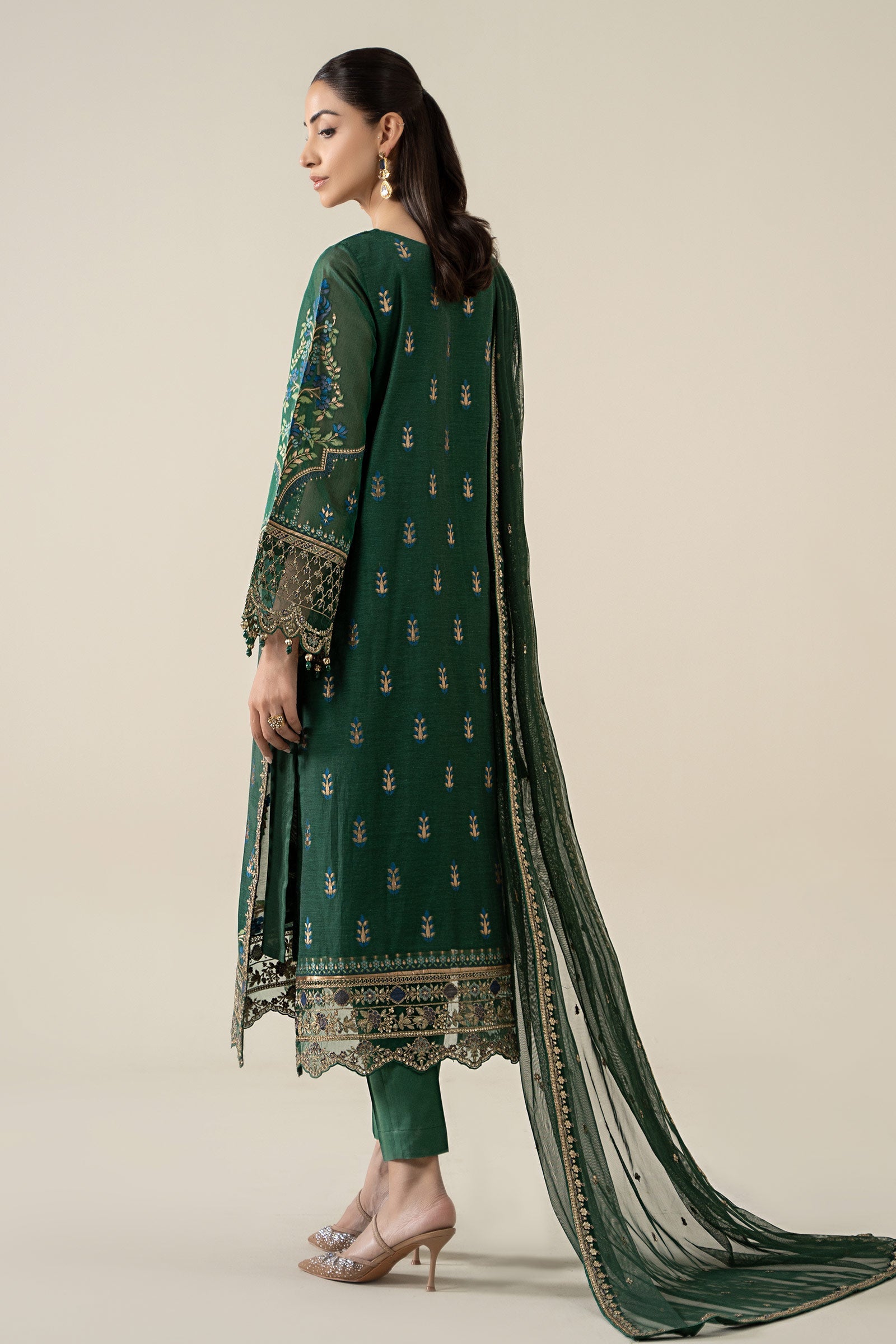 Deep Green Embroidered Jacquard Salwar Kameez (3-Piece) - Image 9