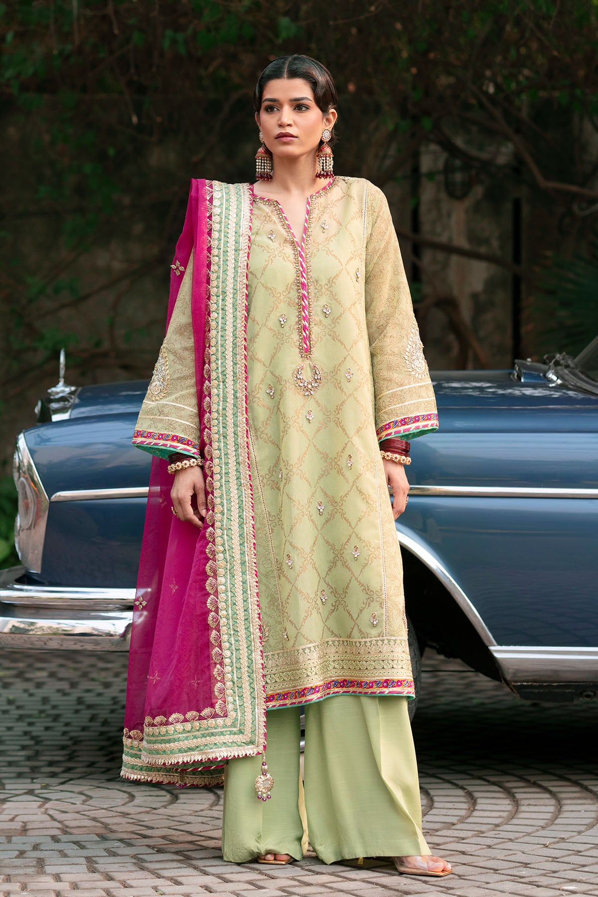 Pakistani Light Green Embroidered Karandi Cotton Net Salwar Kameez (3-Piece) - Image 1