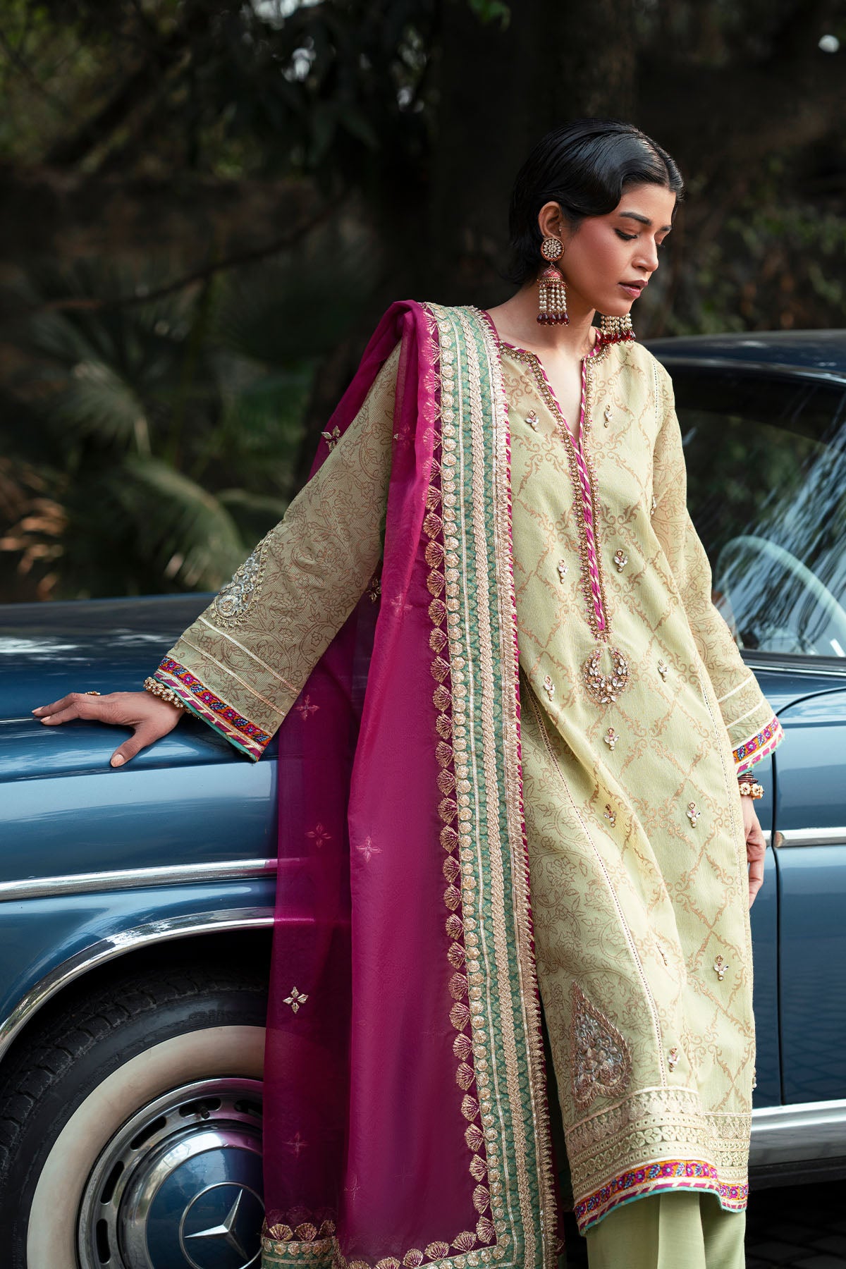 Pakistani Light Green Embroidered Karandi Cotton Net Salwar Kameez (3-Piece) - Image 2