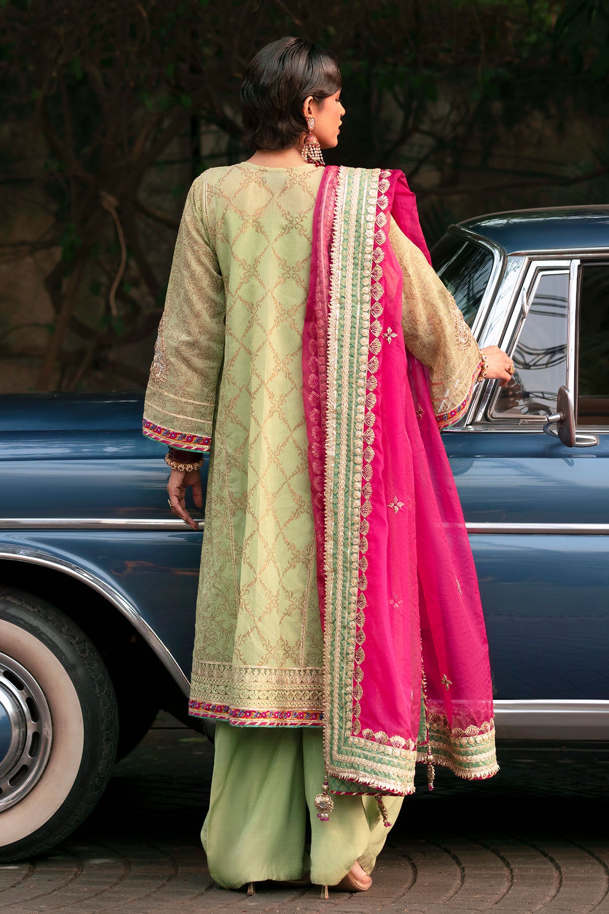 Pakistani Light Green Embroidered Karandi Cotton Net Salwar Kameez (3-Piece) - Image 3