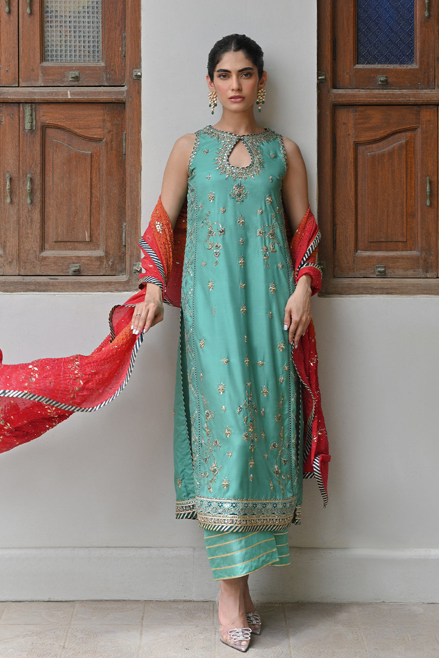 Sea Green Zardozi Kataan Silk Salwar Kameez (3-Piece) - Image 1