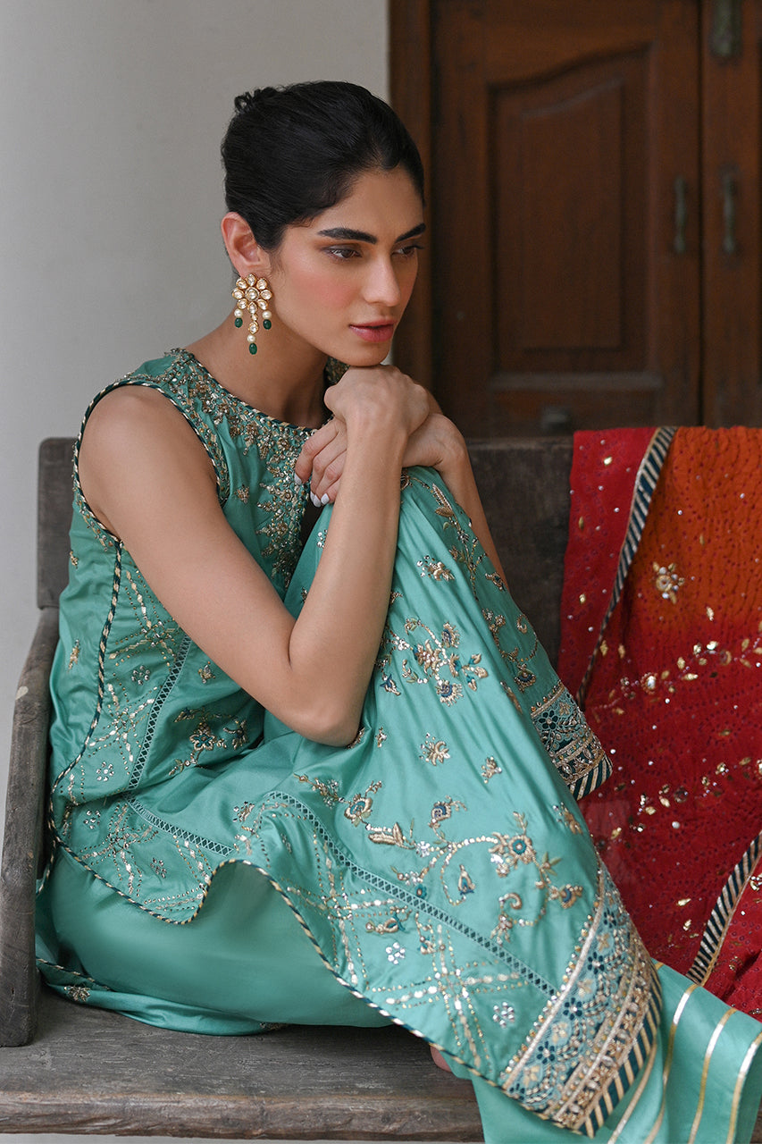 Sea Green Zardozi Kataan Silk Salwar Kameez (3-Piece) - Image 2
