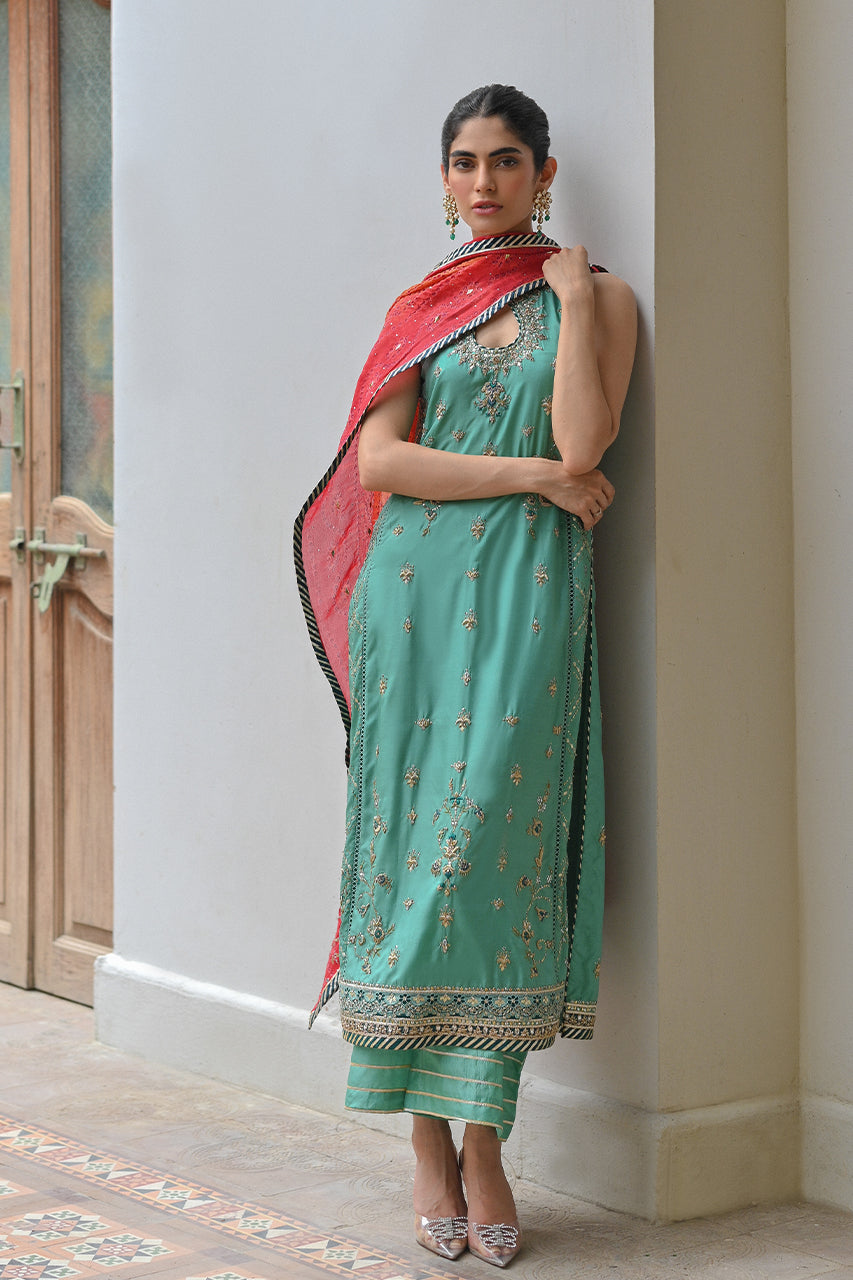 Sea Green Zardozi Kataan Silk Salwar Kameez (3-Piece) - Image 3