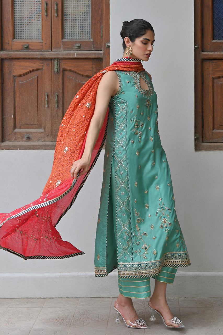 Sea Green Zardozi Kataan Silk Salwar Kameez (3-Piece) - Image 4