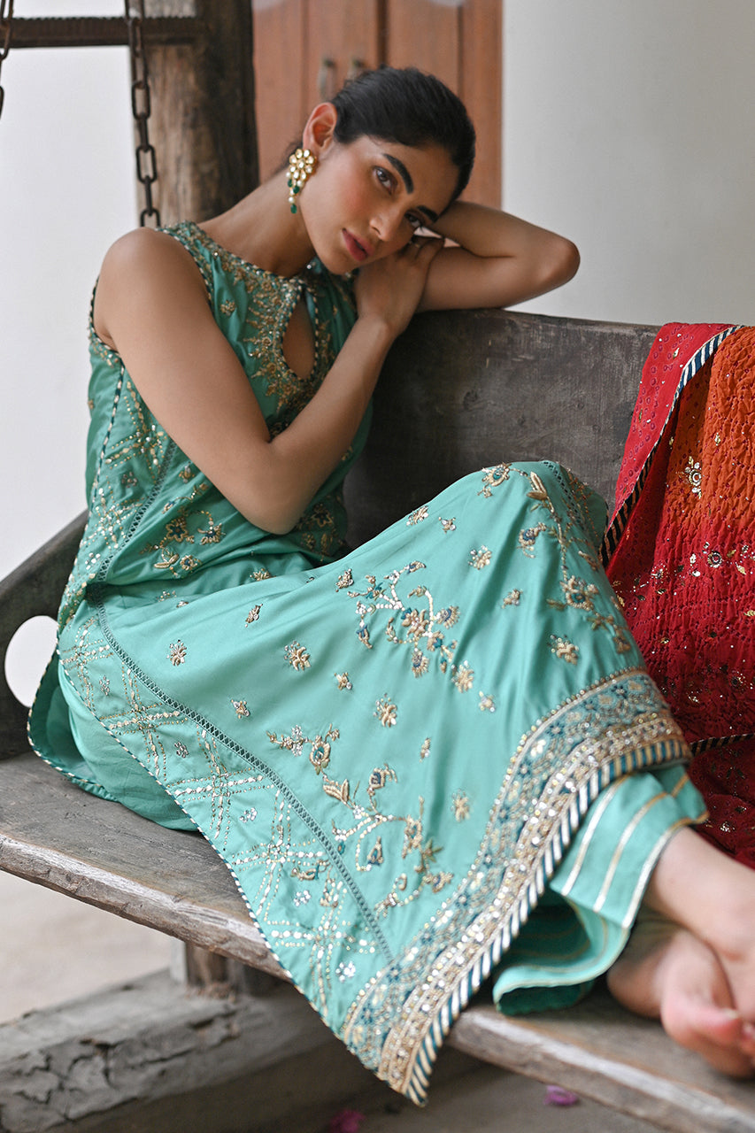 Sea Green Zardozi Kataan Silk Salwar Kameez (3-Piece) - Image 5