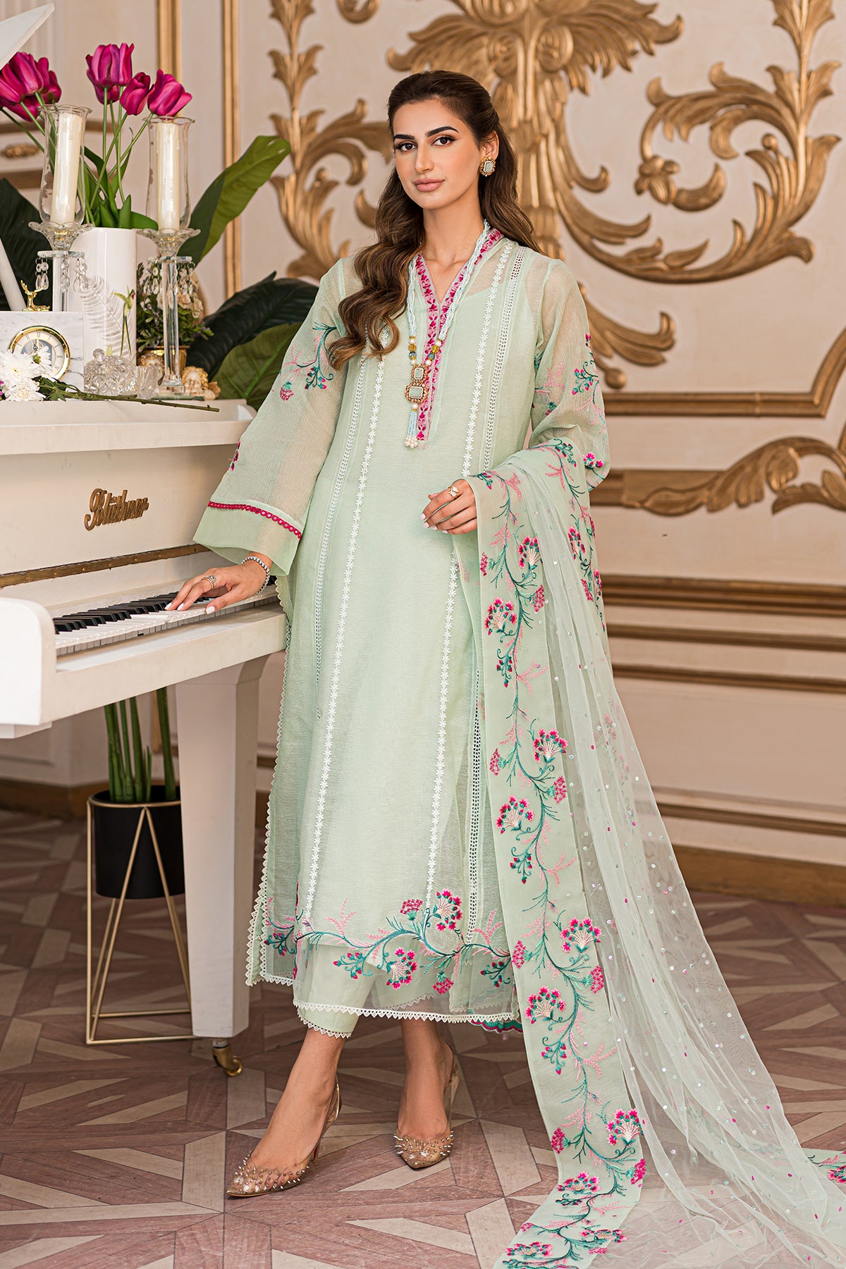 Pakistani Mint Embroidered Khaadi Net Salwar Kameez (3-Piece) - Image 1