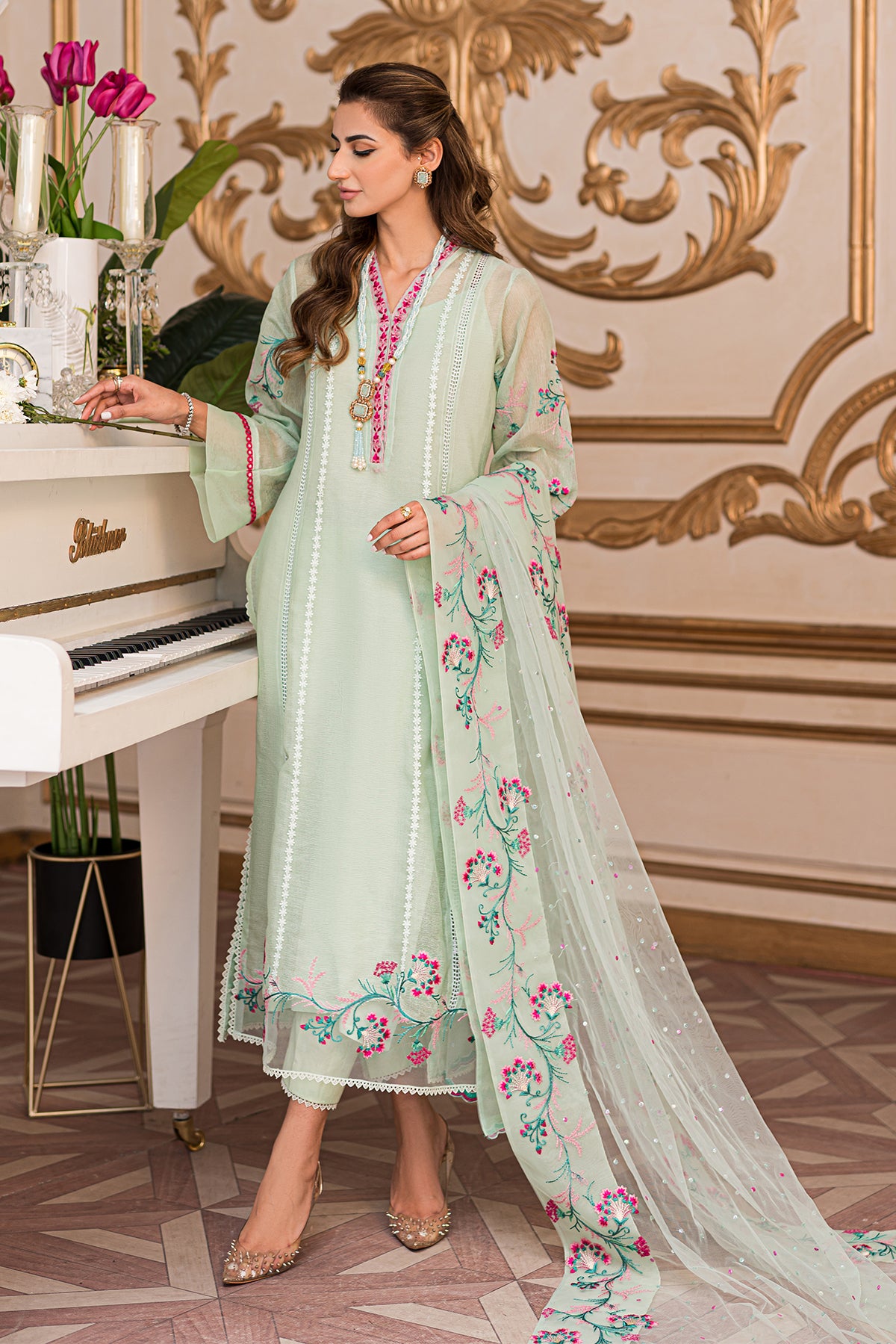 Pakistani Mint Embroidered Khaadi Net Salwar Kameez (3-Piece) - Image 3