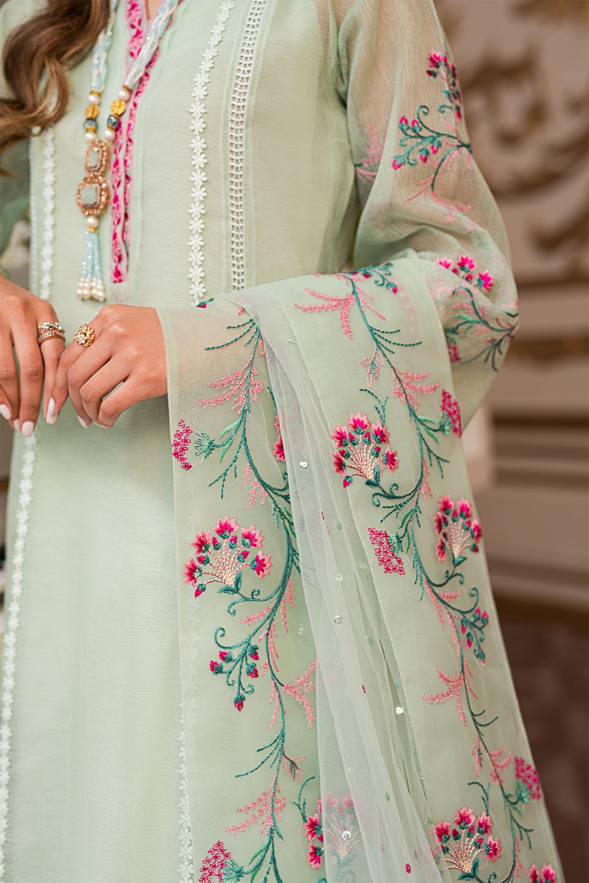 Pakistani Mint Embroidered Khaadi Net Salwar Kameez (3-Piece) - Image 4