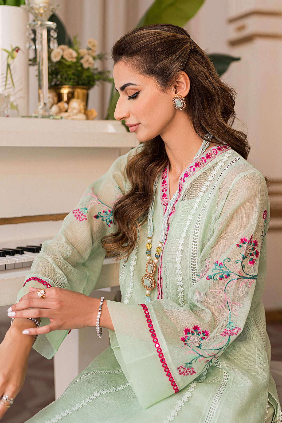Pakistani Mint Embroidered Khaadi Net Salwar Kameez (3-Piece) - Image 5