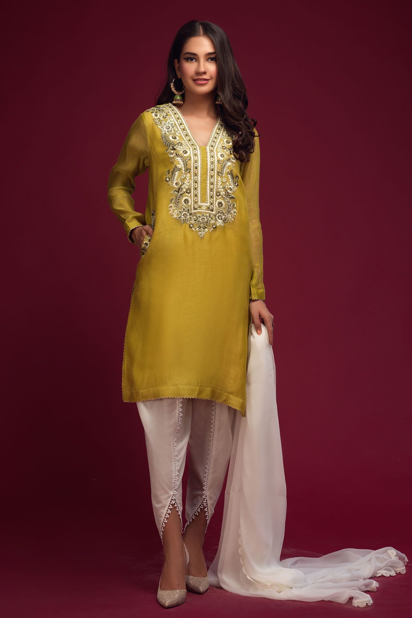 Olive Green Embroidered Khaadi Net Salwar Kameez (3-Piece) - Image 2