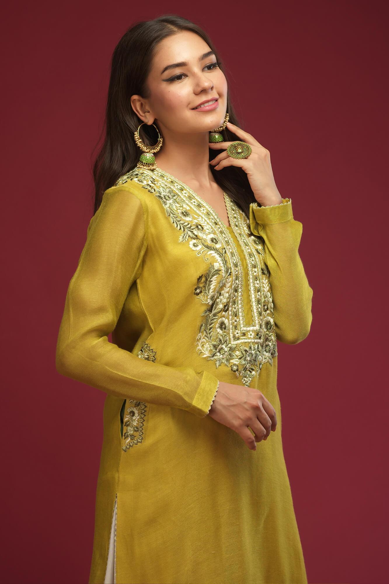 Olive Green Embroidered Khaadi Net Salwar Kameez (3-Piece) - Image 5