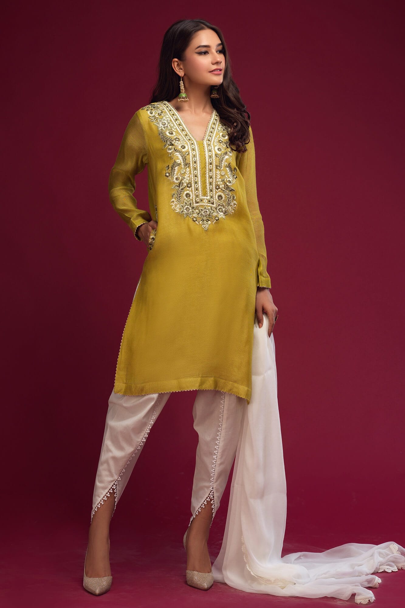 Olive Green Embroidered Khaadi Net Kurta (3-Piece) - Image 3
