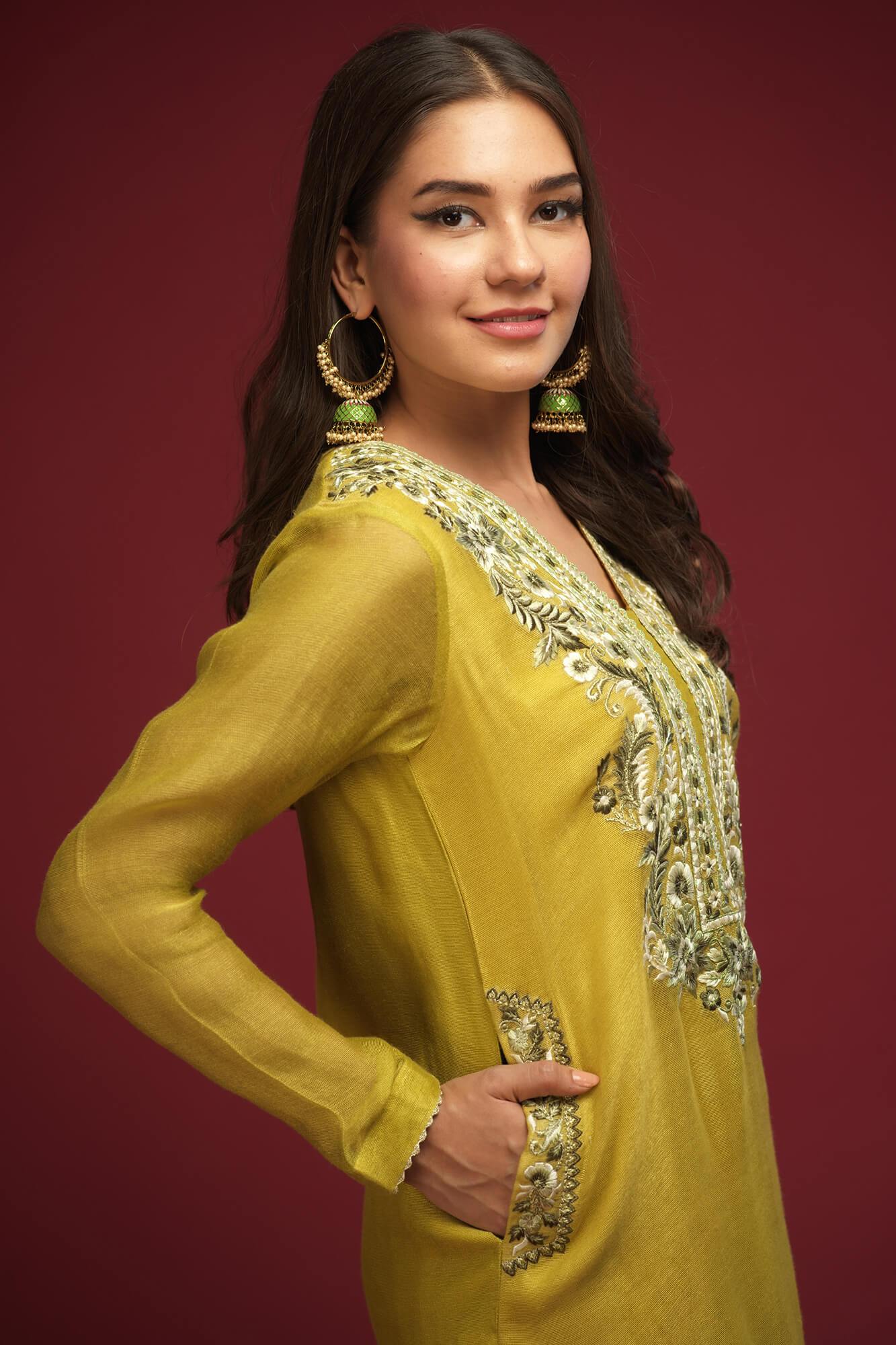 Olive Green Embroidered Khaadi Net Kurta (3-Piece) - Image 4