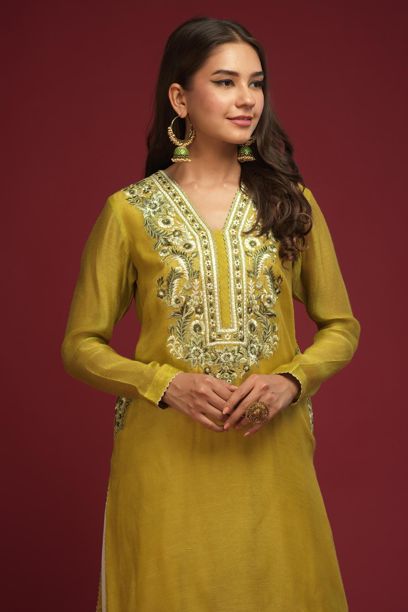 Olive Green Embroidered Khaadi Net Kurta (3-Piece) - Image 5