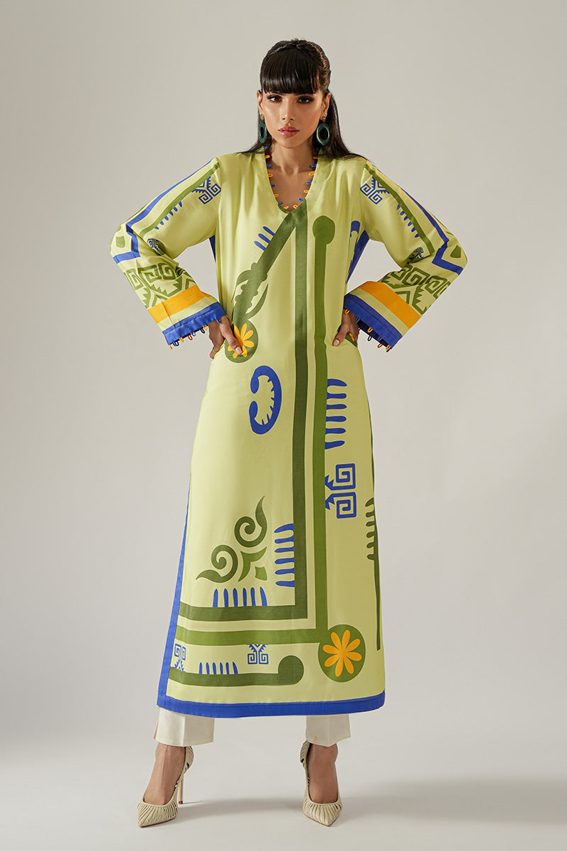 Sage Green Printed Khaadi Silk Long Kurta (1-Pc) - Image 2