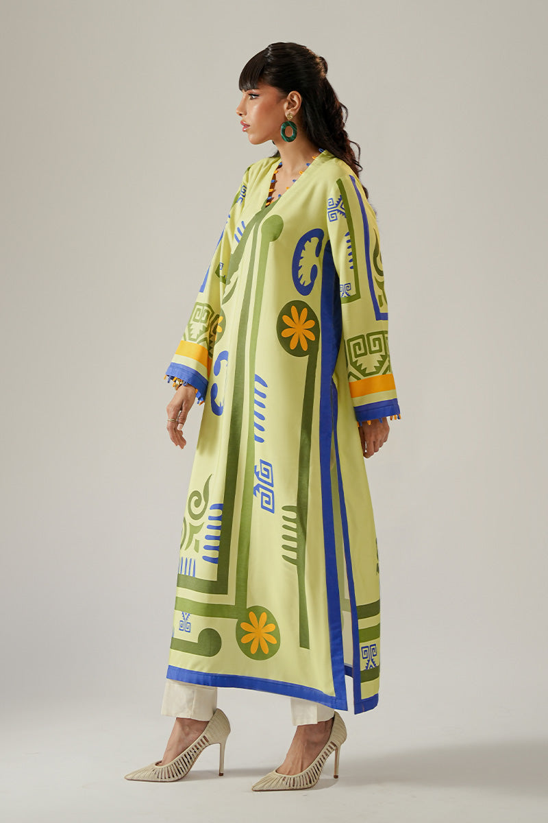 Sage Green Printed Khaadi Silk Long Kurta (1-Pc) - Image 3