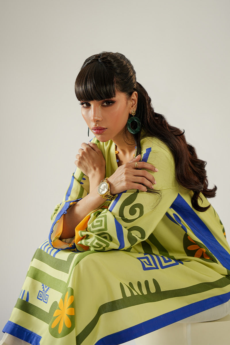 Sage Green Printed Khaadi Silk Long Kurta (1-Pc) - Image 4