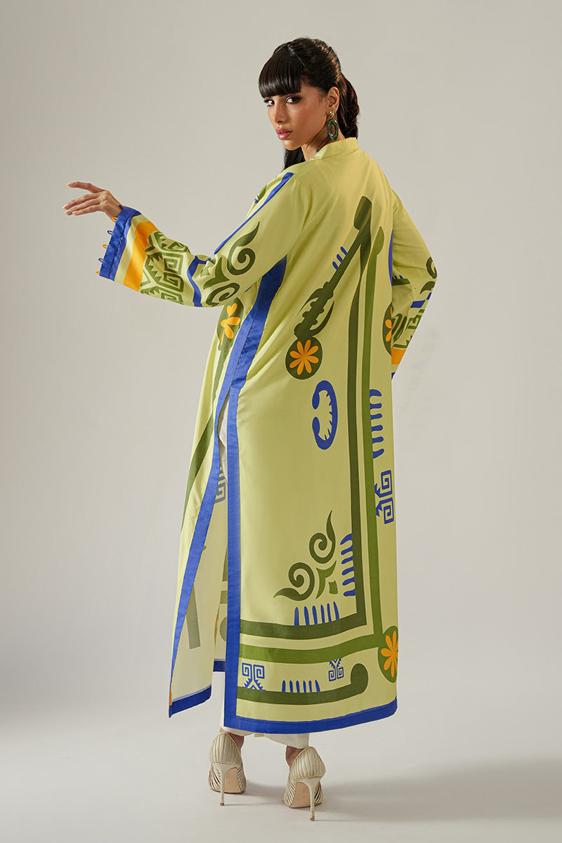 Sage Green Printed Khaadi Silk Long Kurta (1-Pc) - Image 5