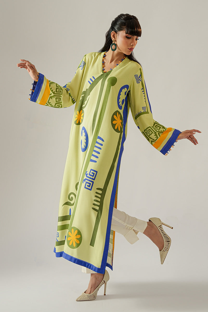 Sage Green Printed Khaadi Silk Long Kurta (2-Piece) - Image 1