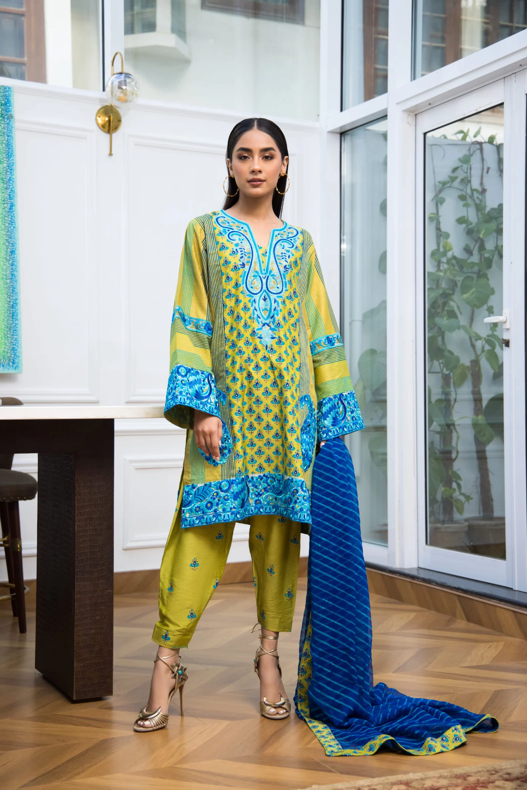 Green Embroidered Khaadi Silk Kurta Set (3-Piece) - Image 1