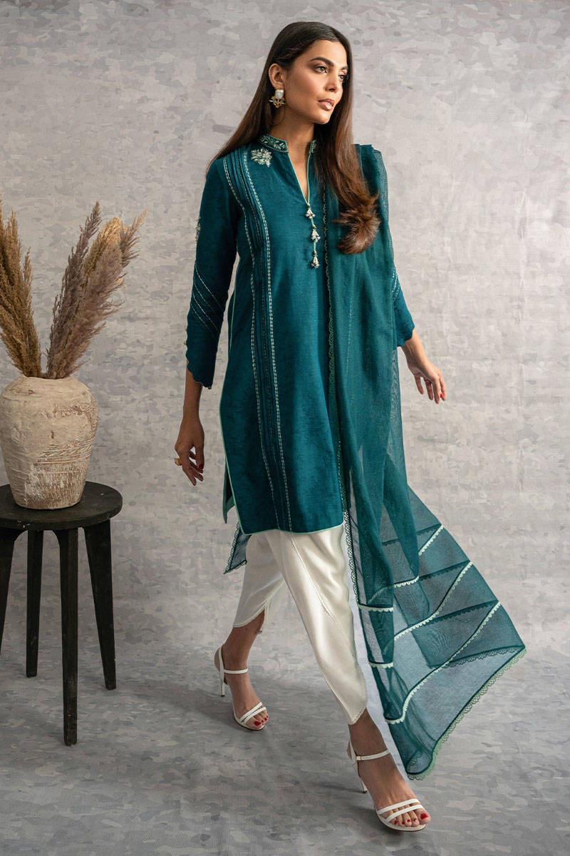 Pakistani Teal Green Embroidered Self-Khaddar Salwar Kameez (3-Piece) - Image 1