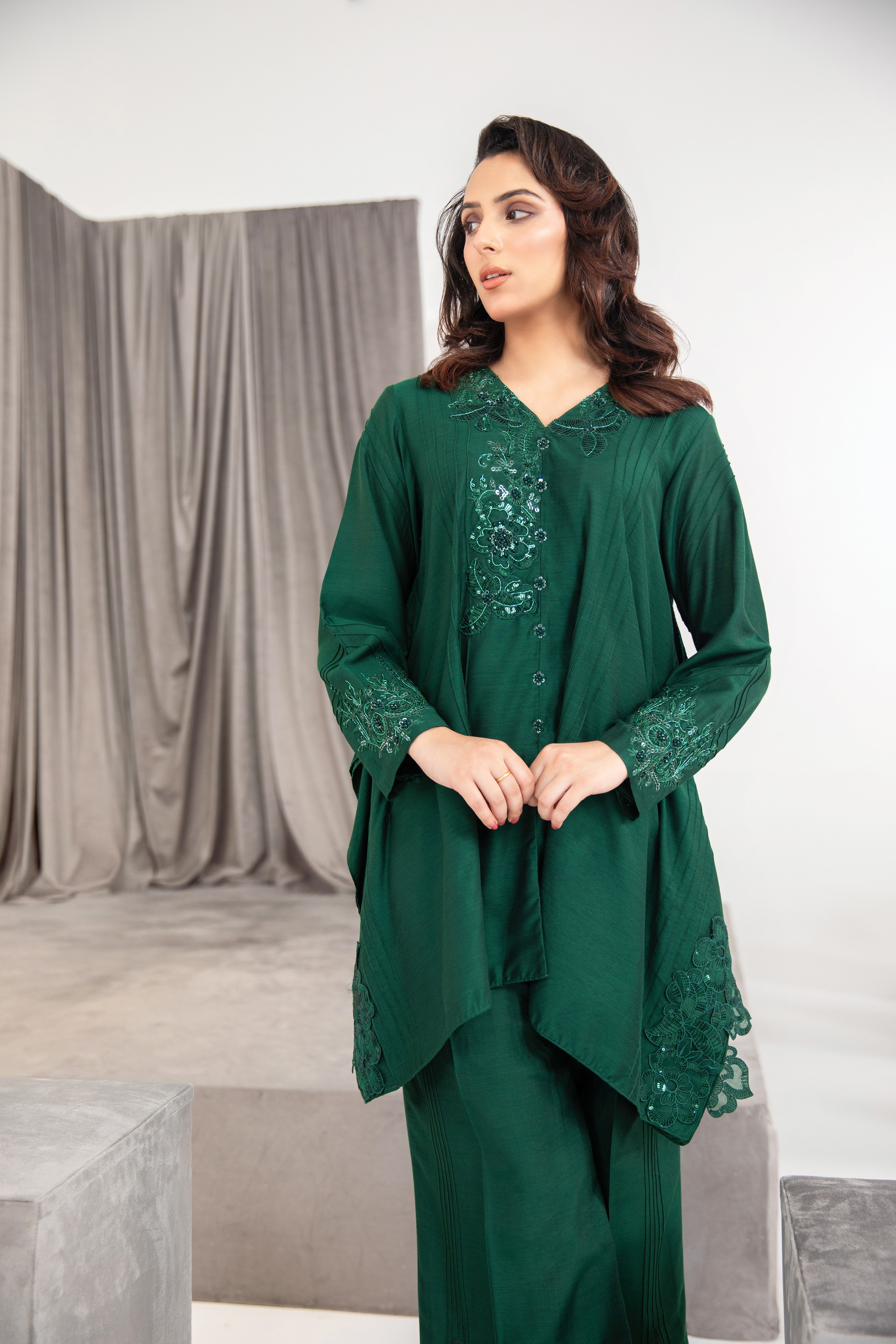 Forest Green Beaded Khaddi Cotton Tunic (2-Piece) - Image 1