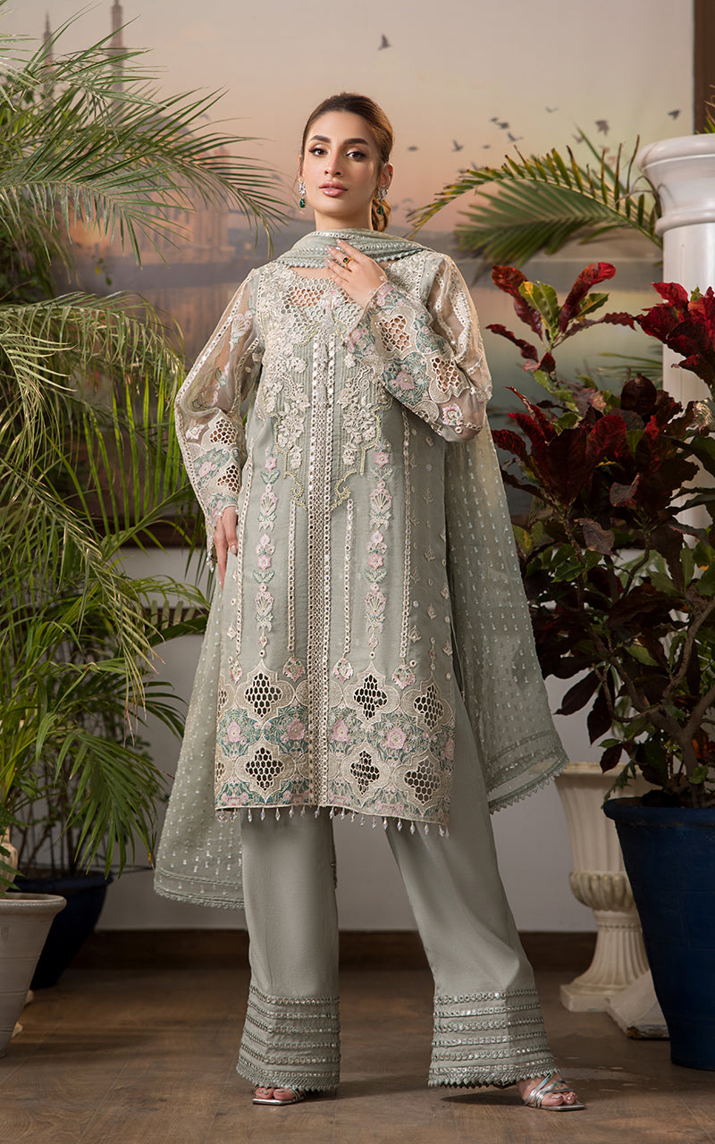 Pakistani Sage Green Embroidered Khaddi Jacquard 3-Piece Suit - Image 1