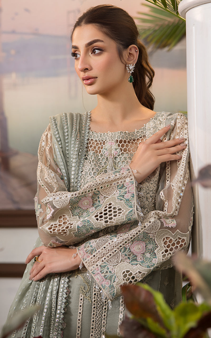 Pakistani Sage Green Embroidered Khaddi Jacquard 3-Piece Suit - Image 2